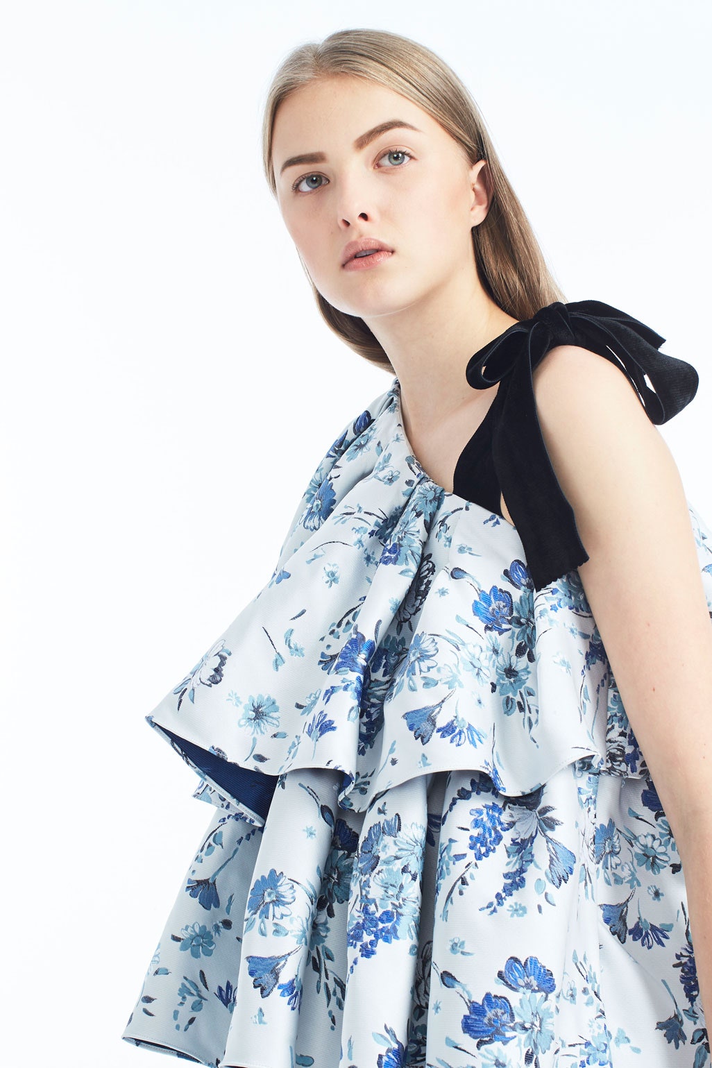 blue and white floral ruffled dress