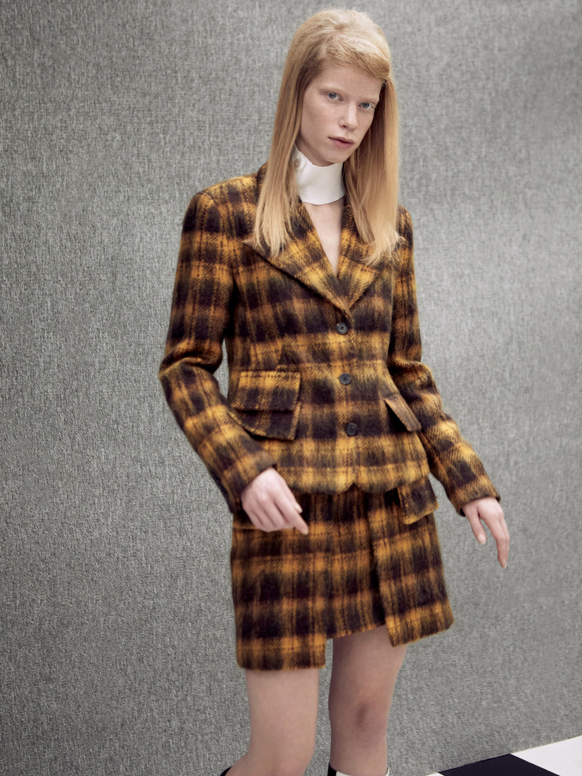 checked brown and yellow blazer and skirt