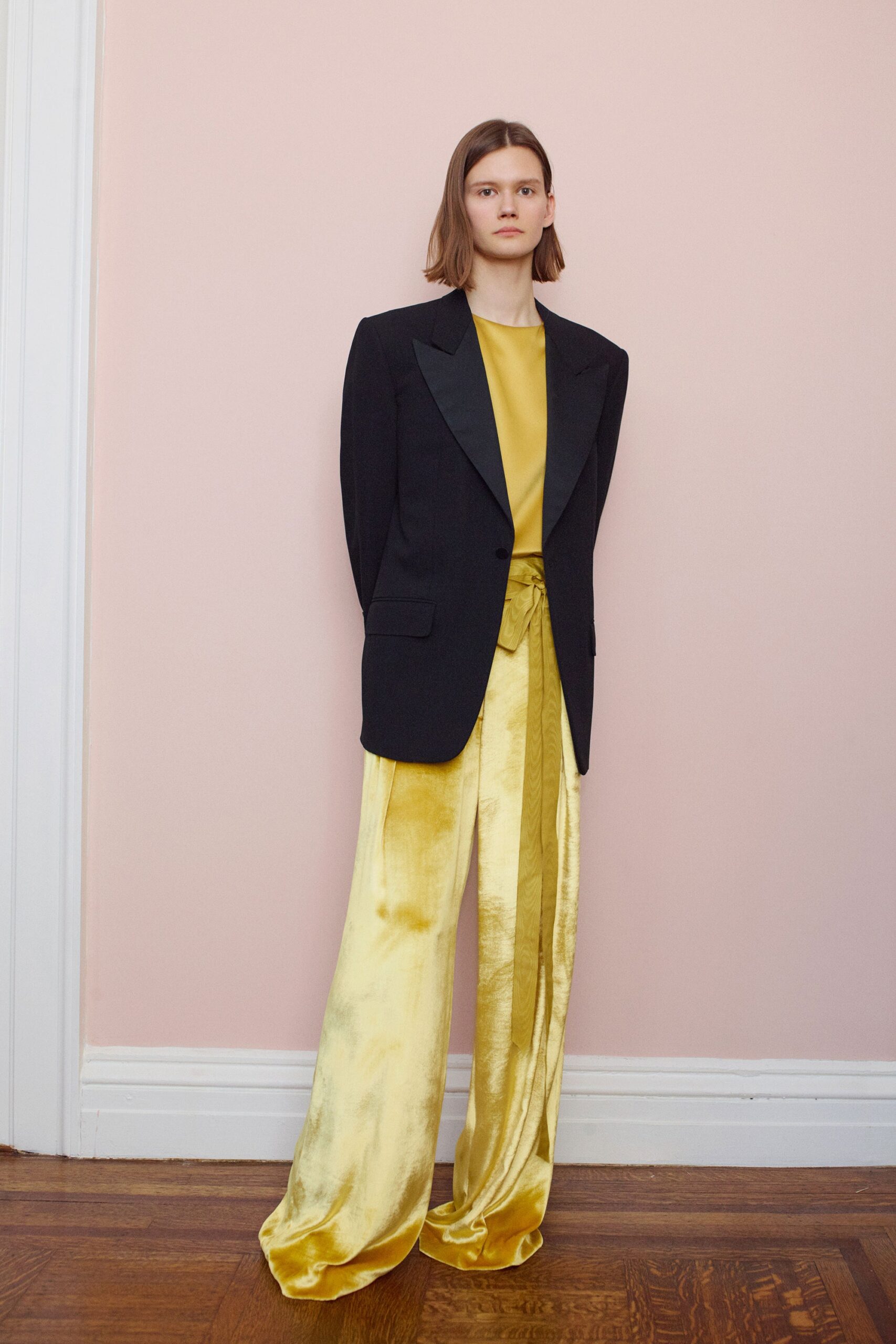 black blazer yellow top and pants