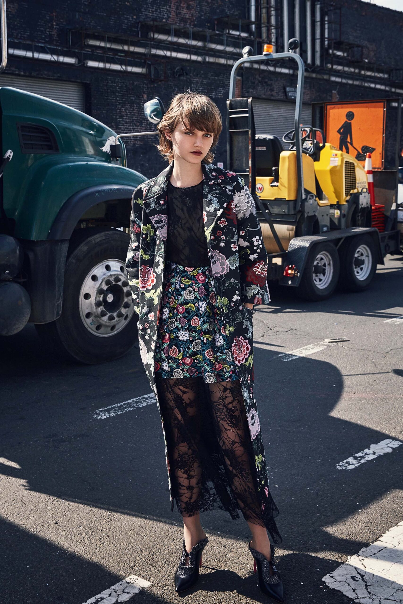 floral coat with lace dress