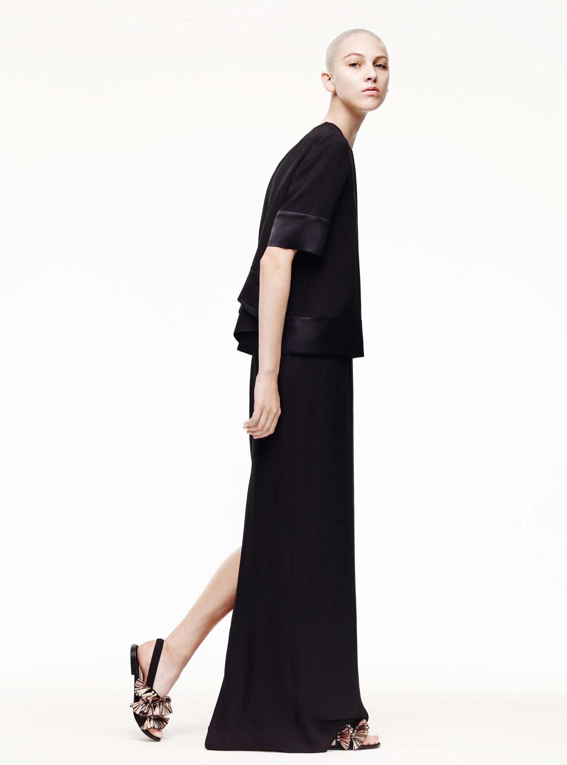 black silk sleeveless high-neck fitted straight-leg maxi dress