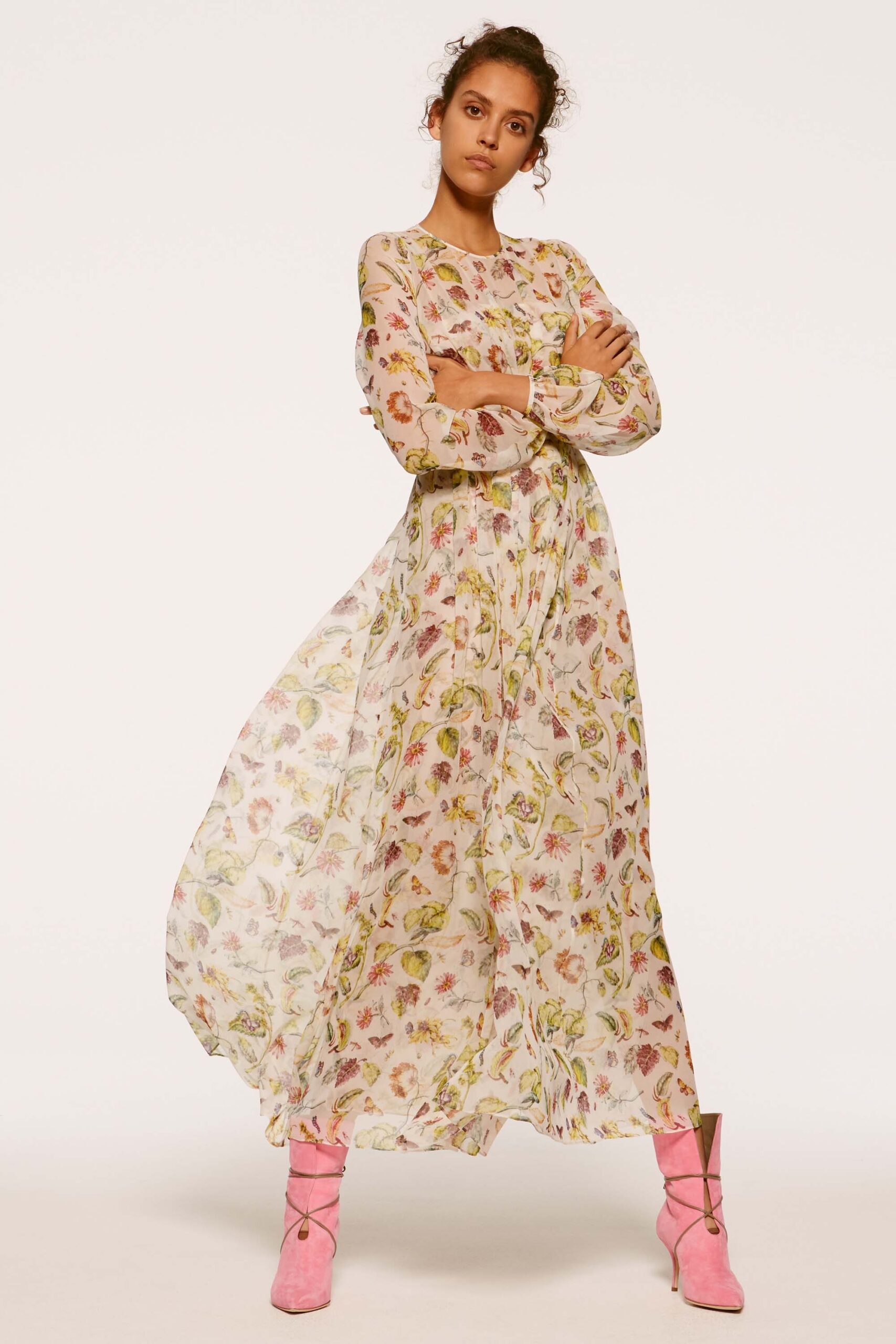 white chiffon long-sleeve collared relaxed floral tiered dress