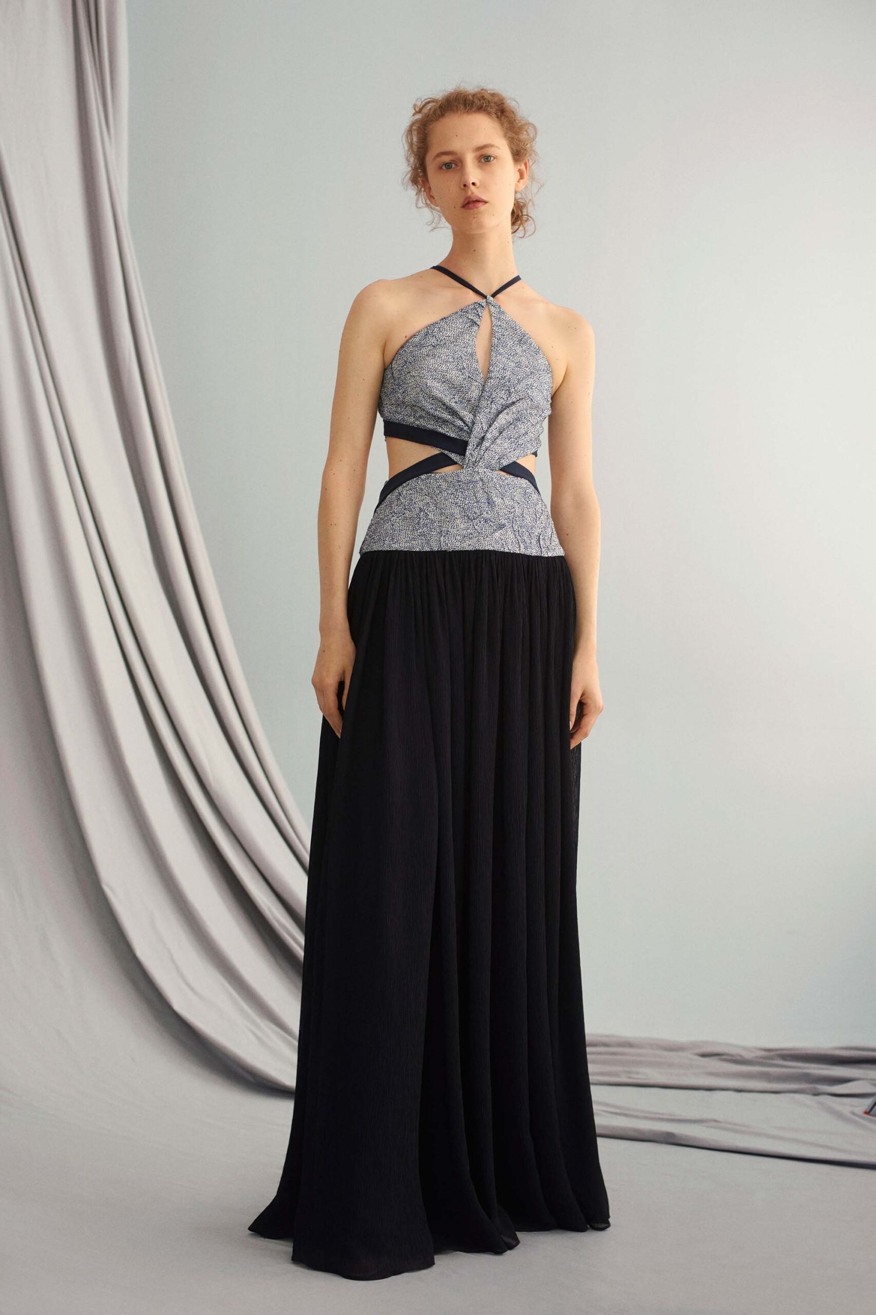 black and blue halter gown