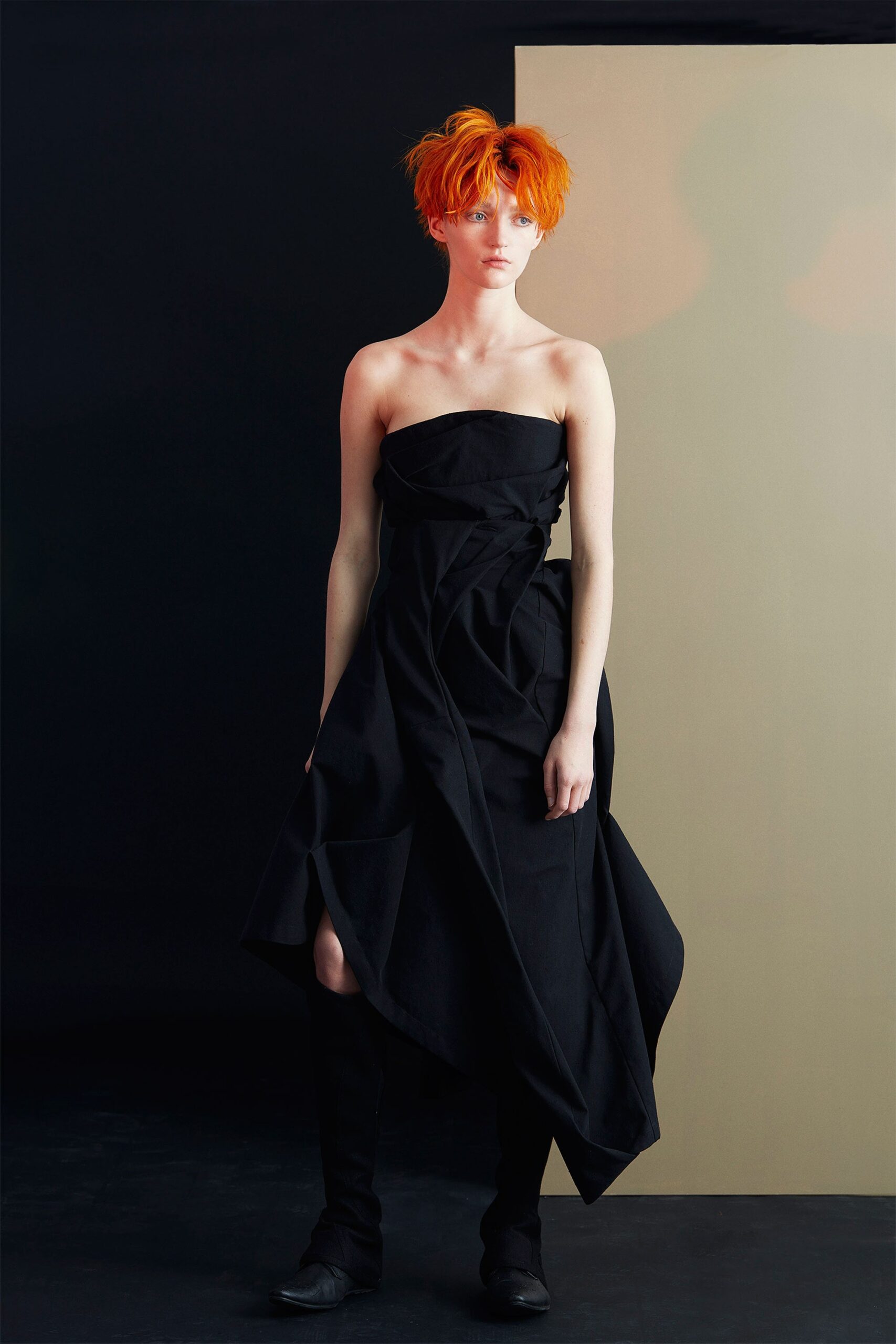 black strapless asymmetric dress