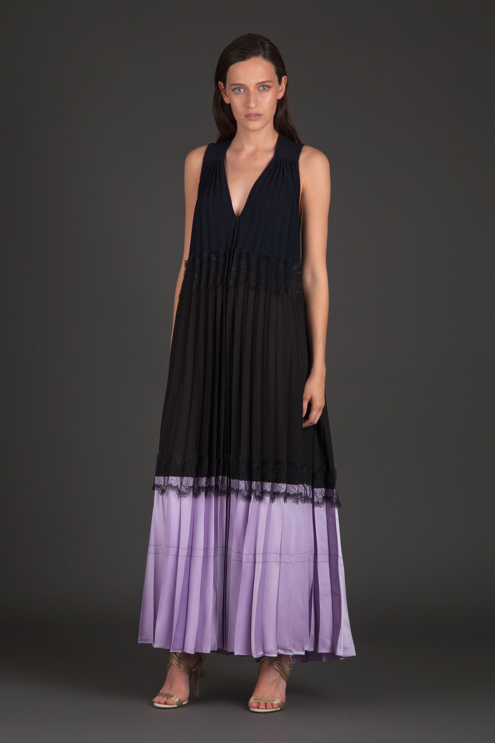 black and purple pleated maxi dress