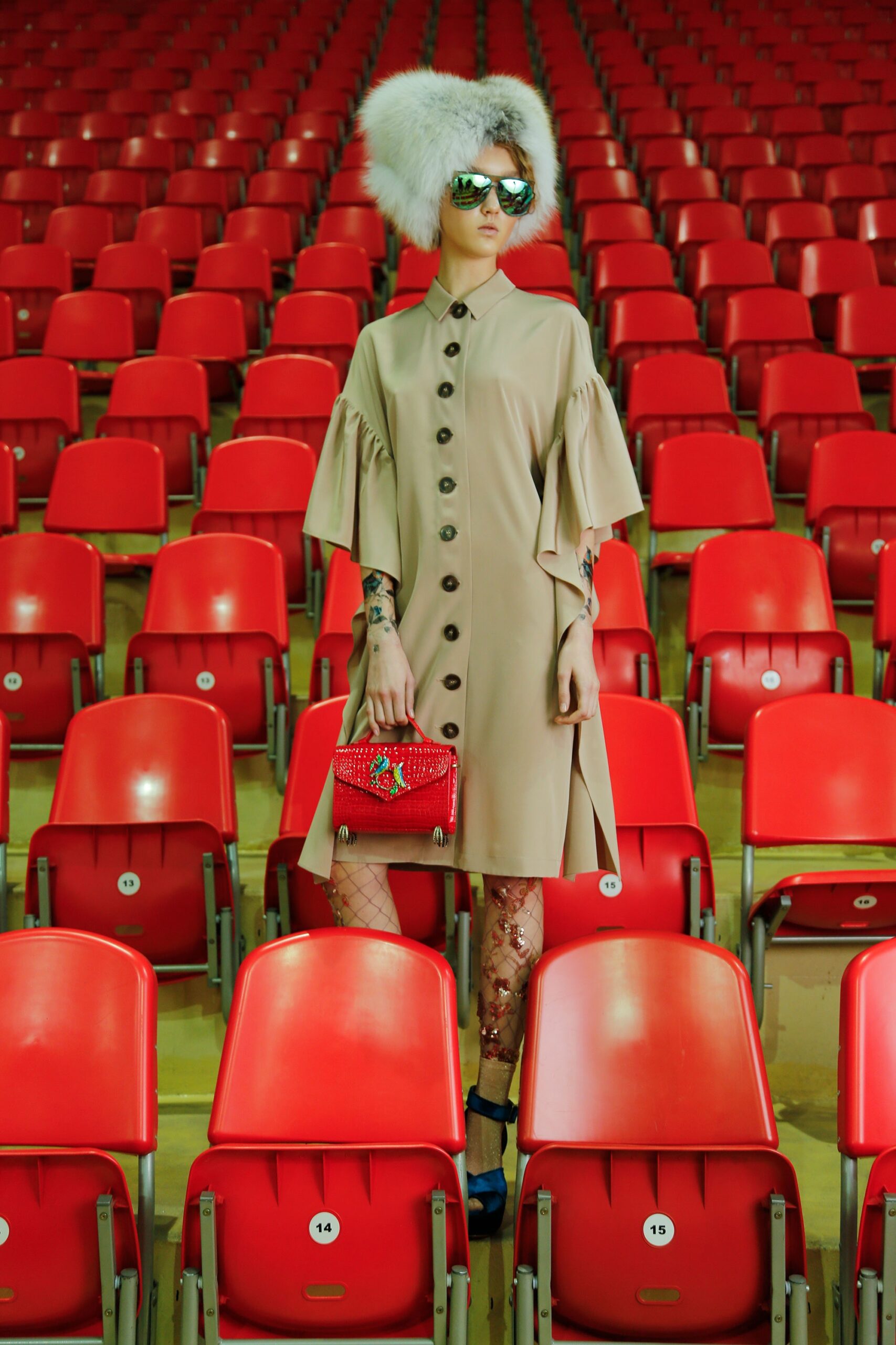 beige cotton short-sleeve collared relaxed buttoned flared dress