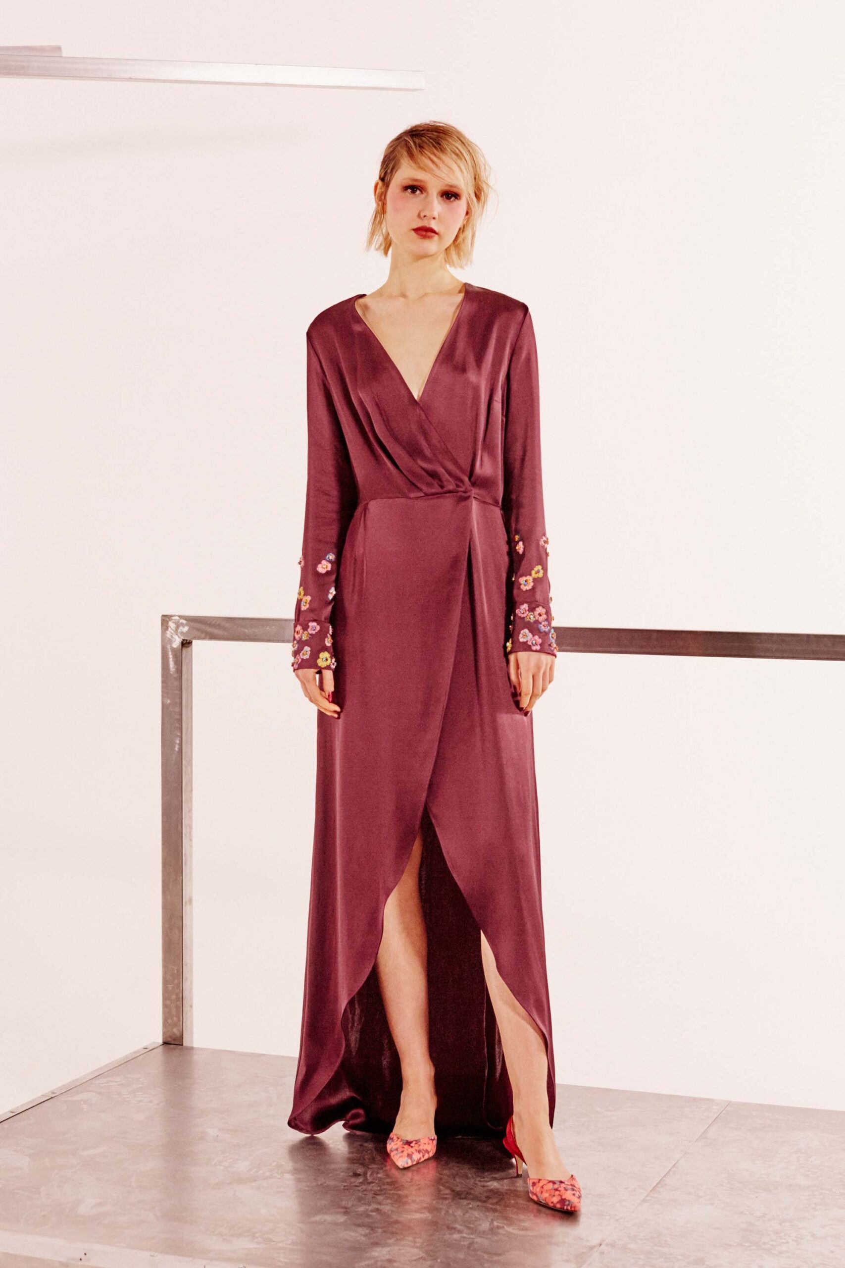 purple silk wrap gown