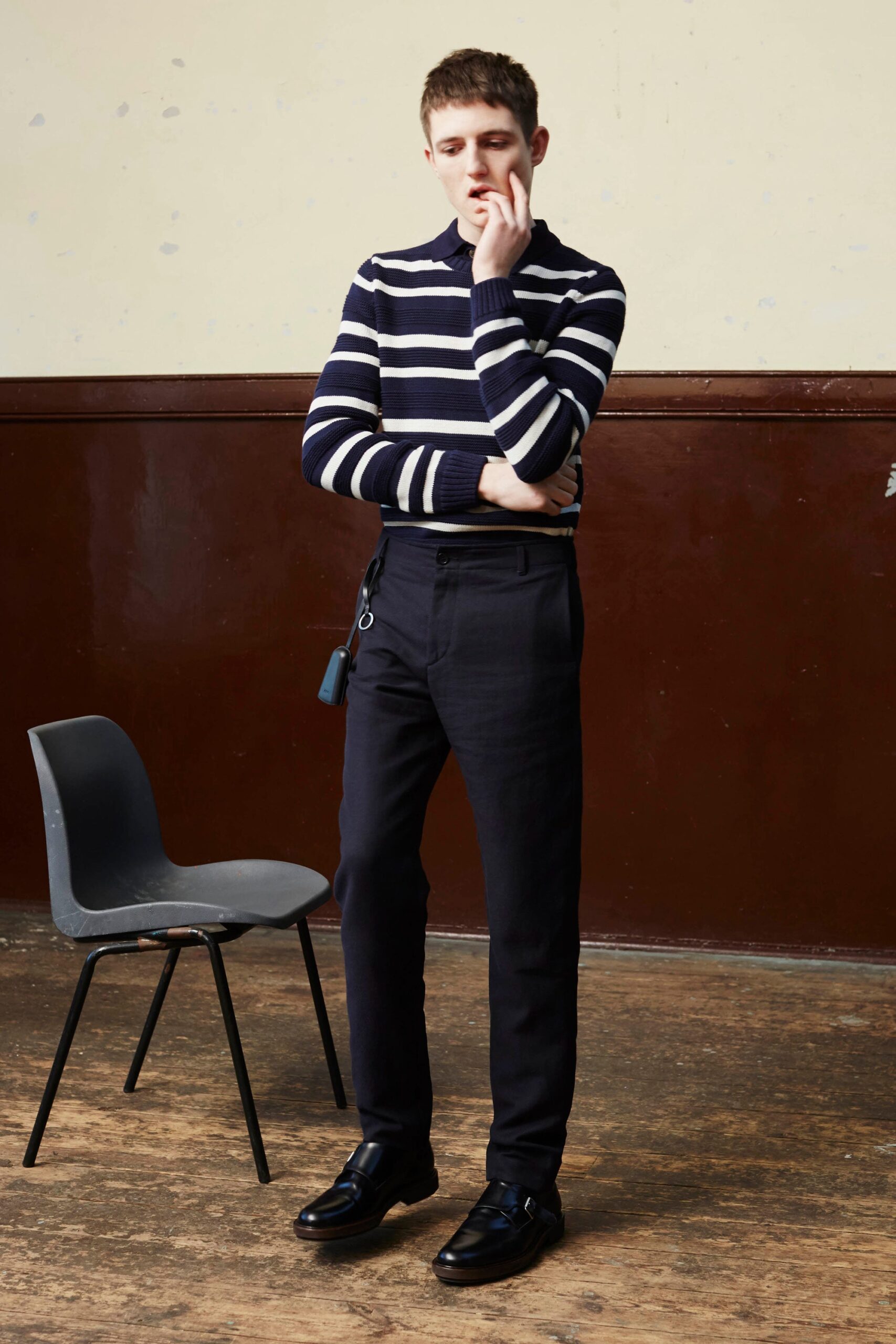 striped fitted top with tailored pants