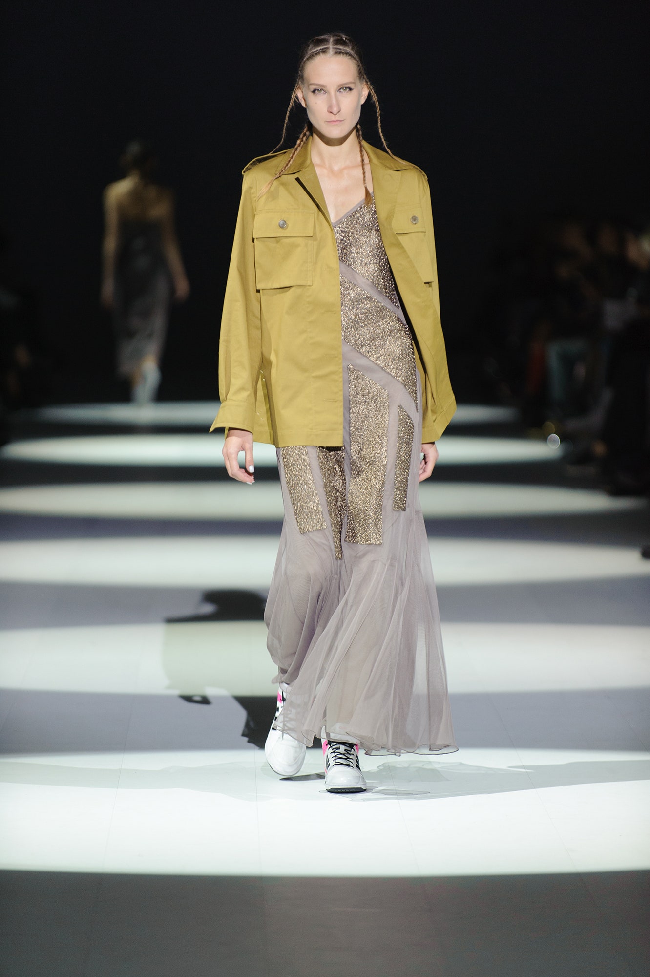 beige jacket gray draped dress