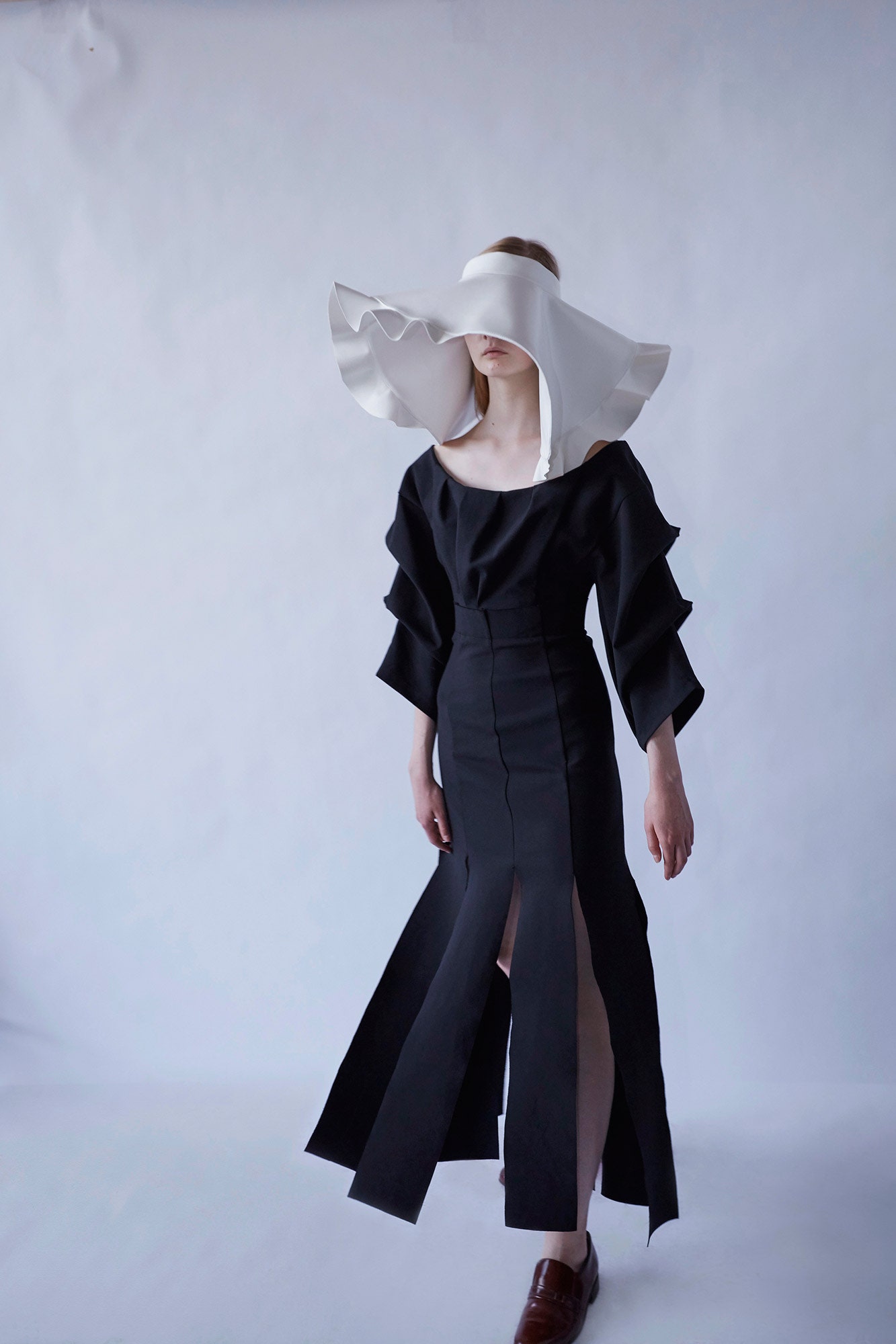 black cotton long-sleeve off-shoulder fitted midi dress