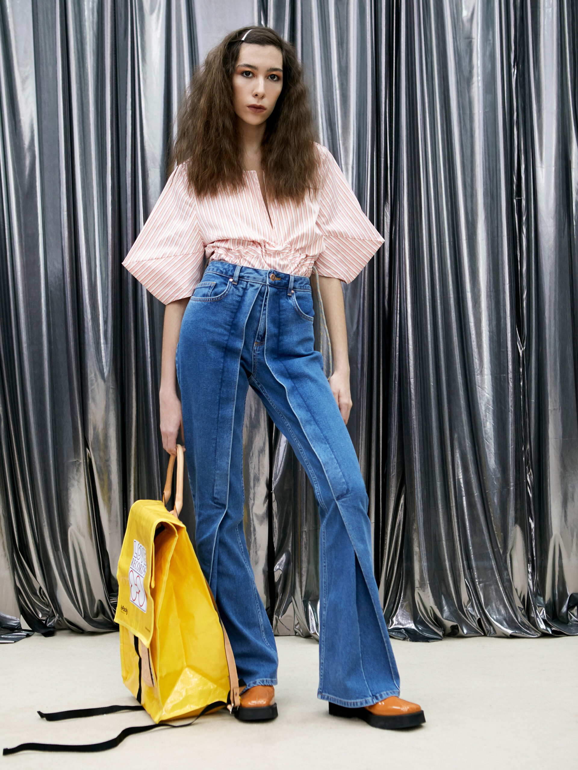 blue denim fitted high-waisted flared pants