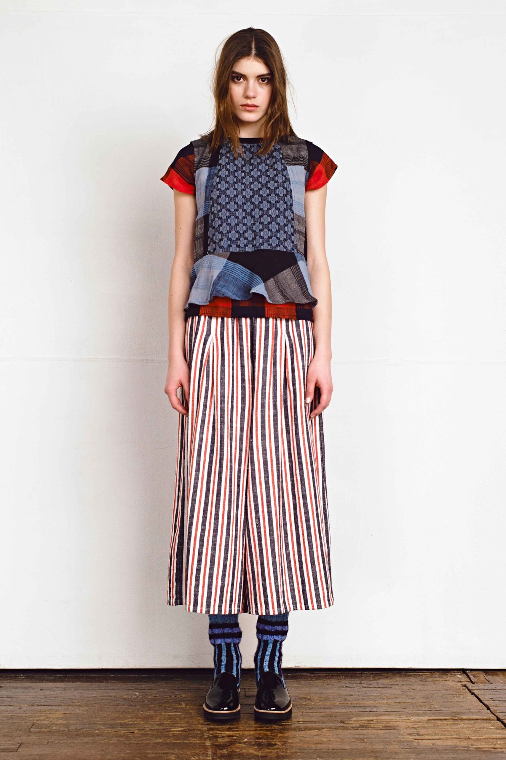 patchwork top and striped midi skirt