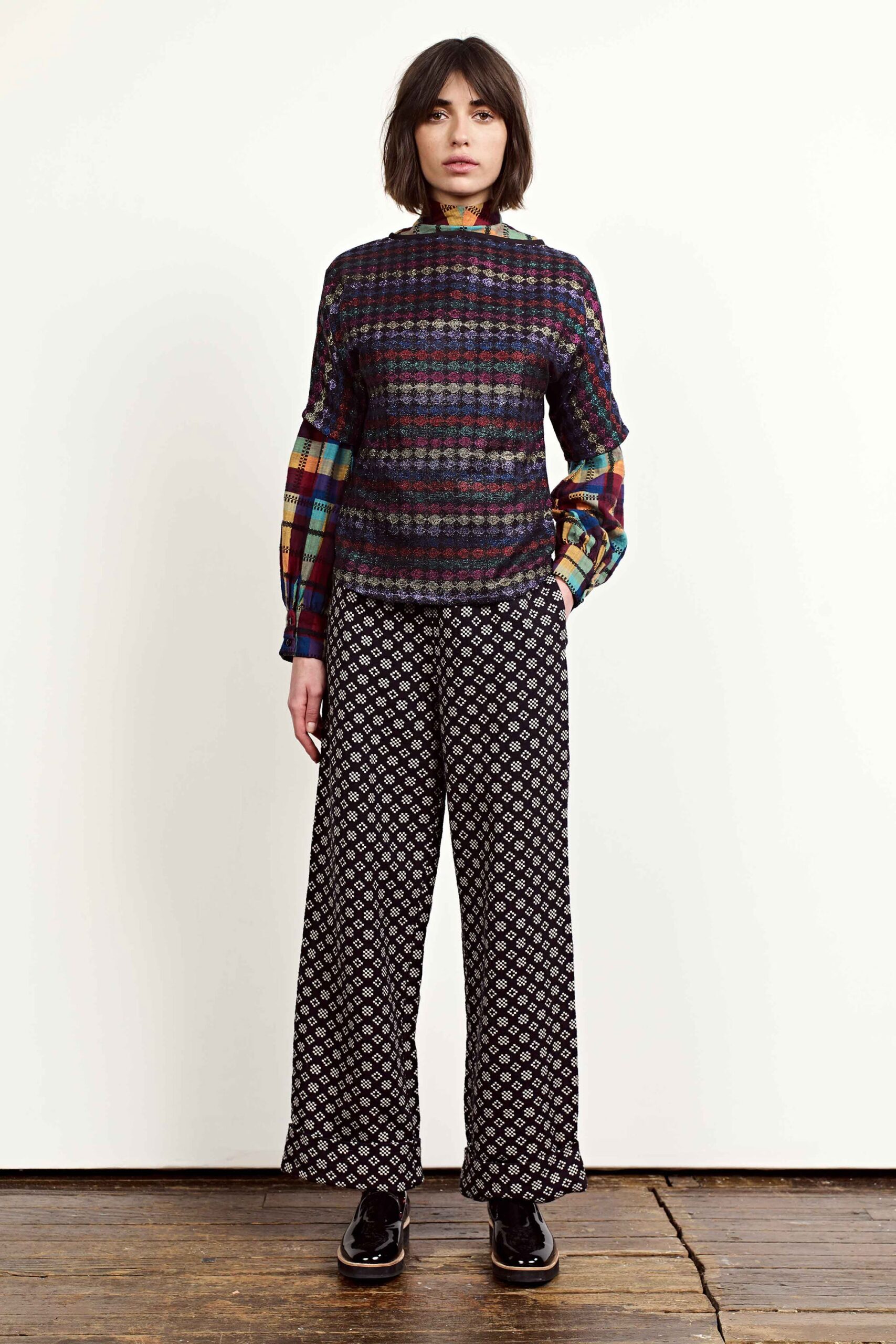 multi-colored relaxed top with wide-leg pants