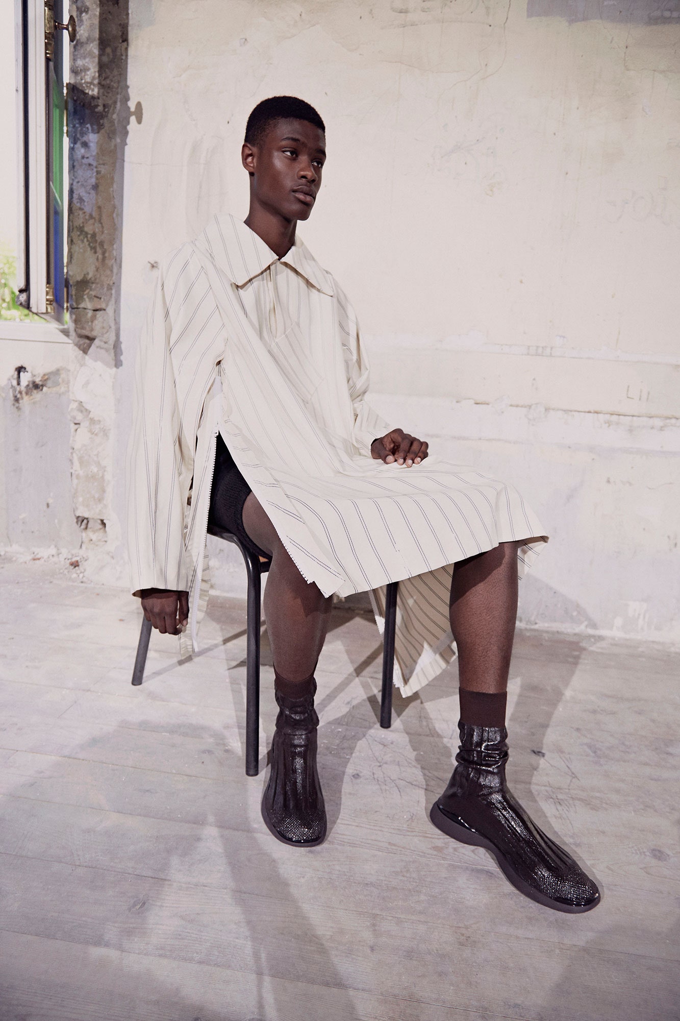 white cotton long-sleeve collared relaxed striped midi shirt-dress