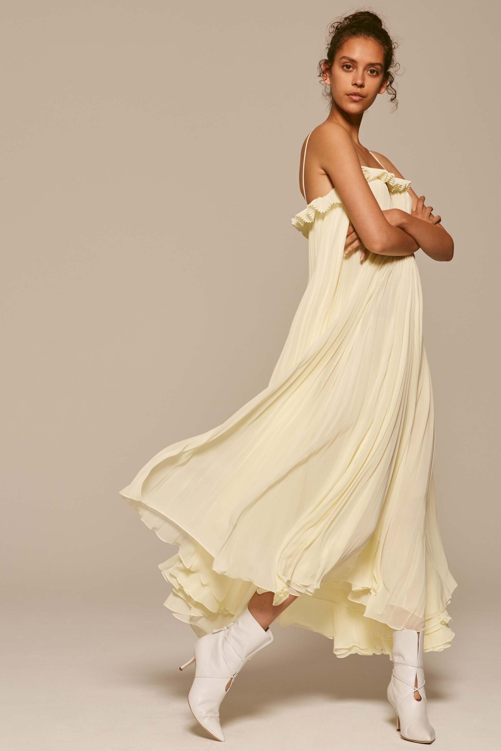 yellow pleated maxi dress