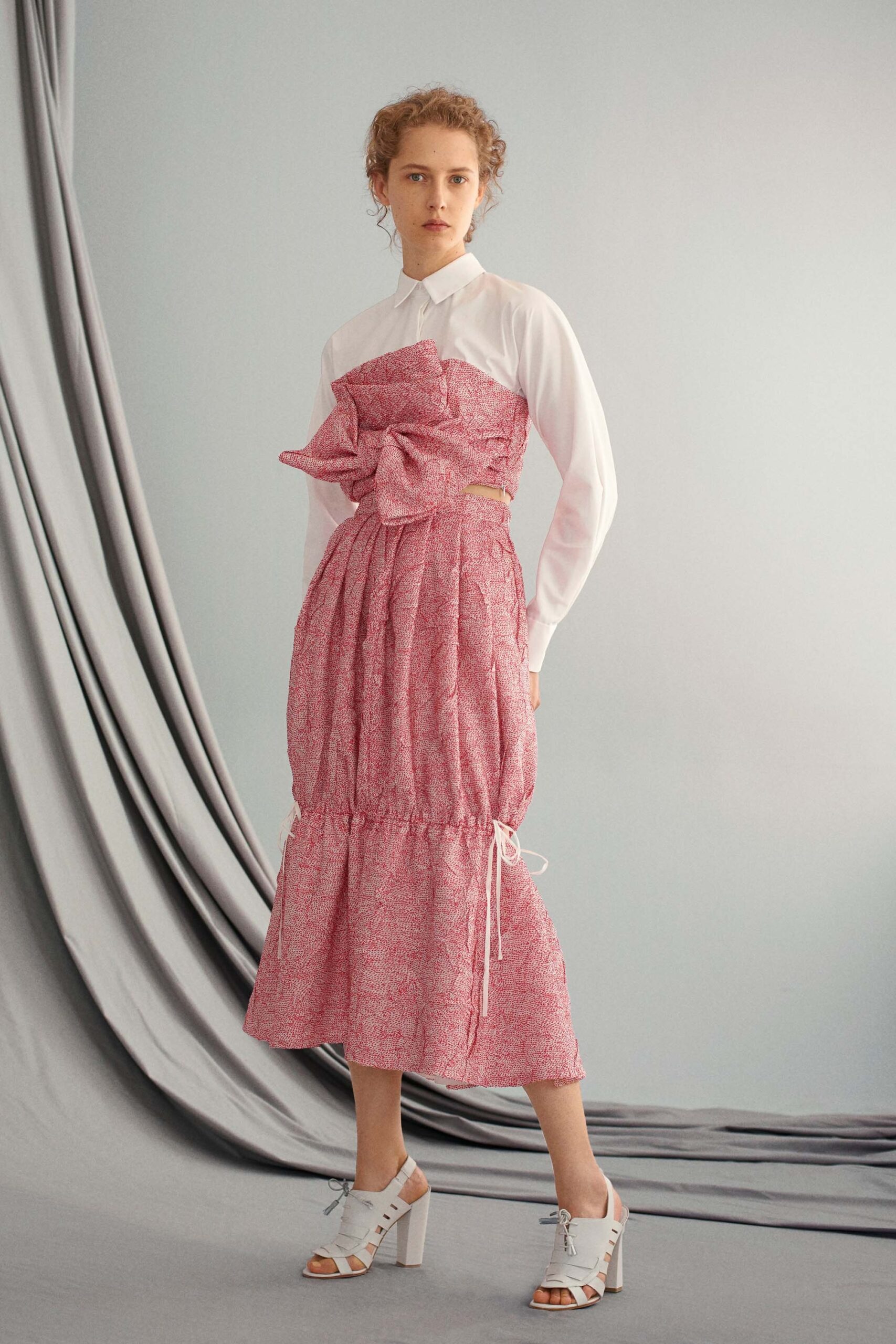 pink cotton sleeveless collared relaxed pleated draped dress
