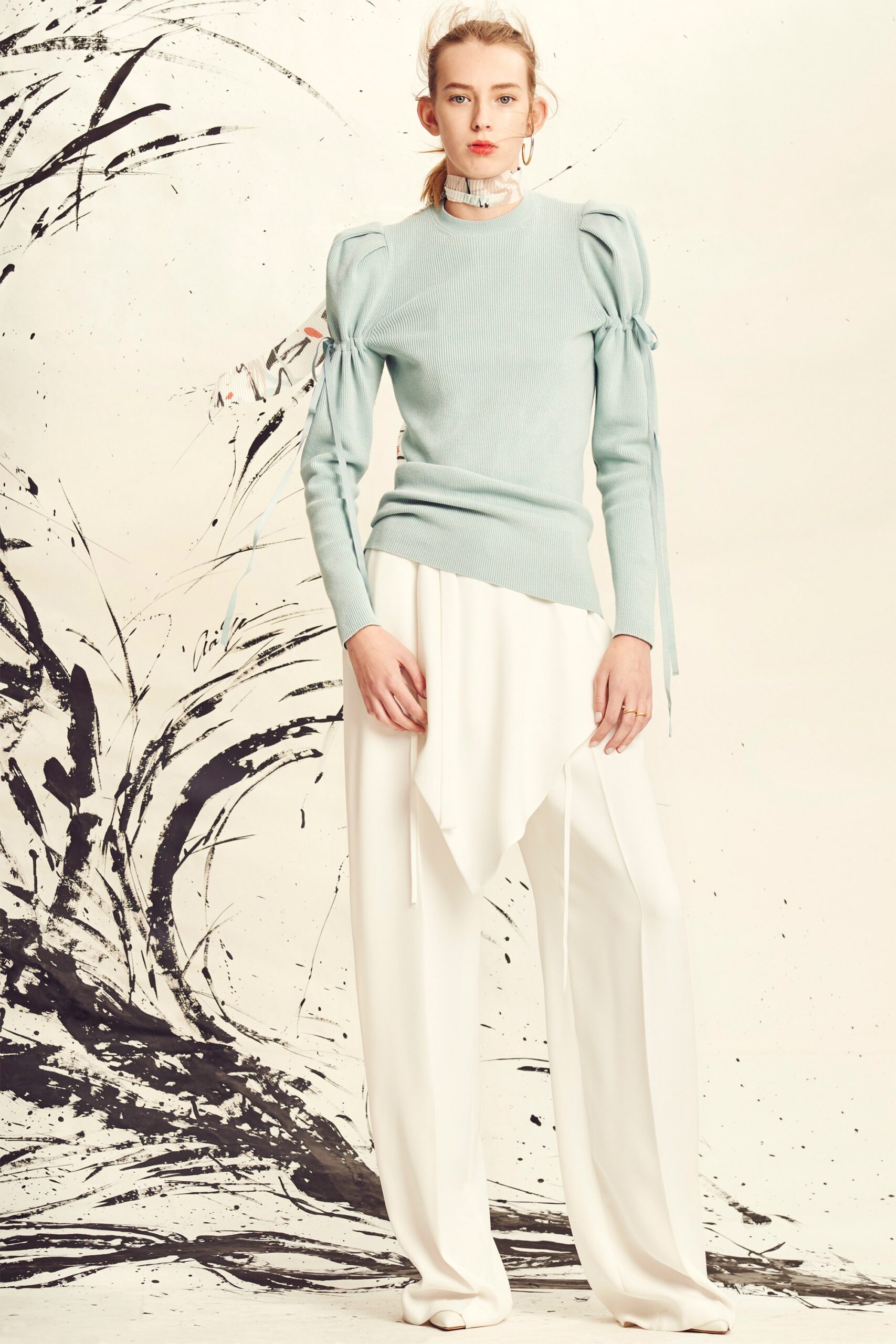blue cotton long-sleeve high-neck fitted padded draped top