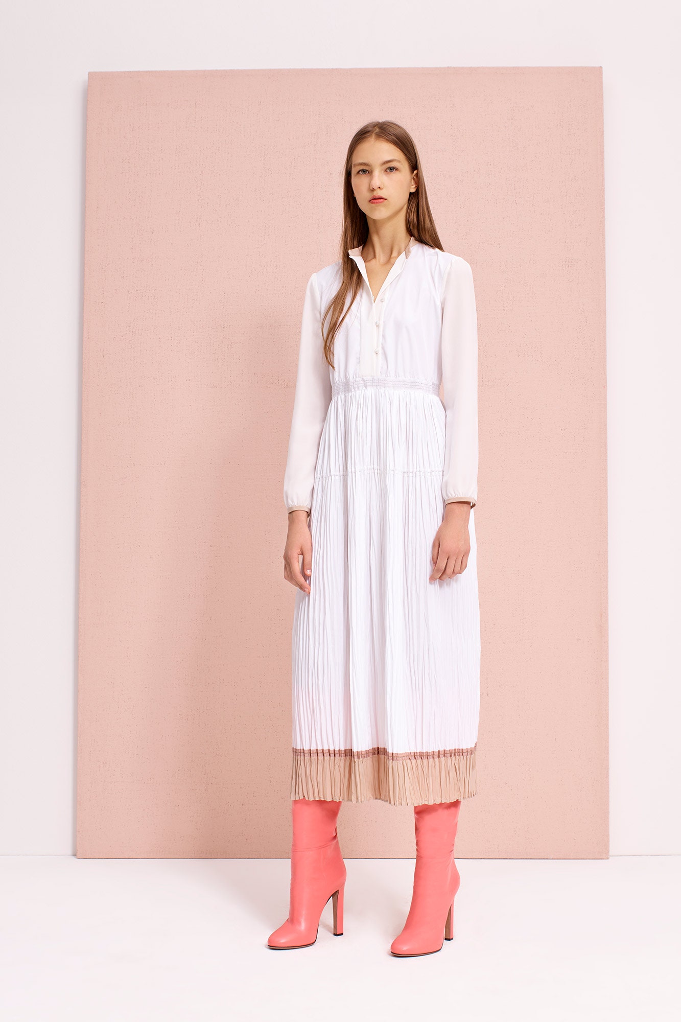 white pleated midi dress with pink boots