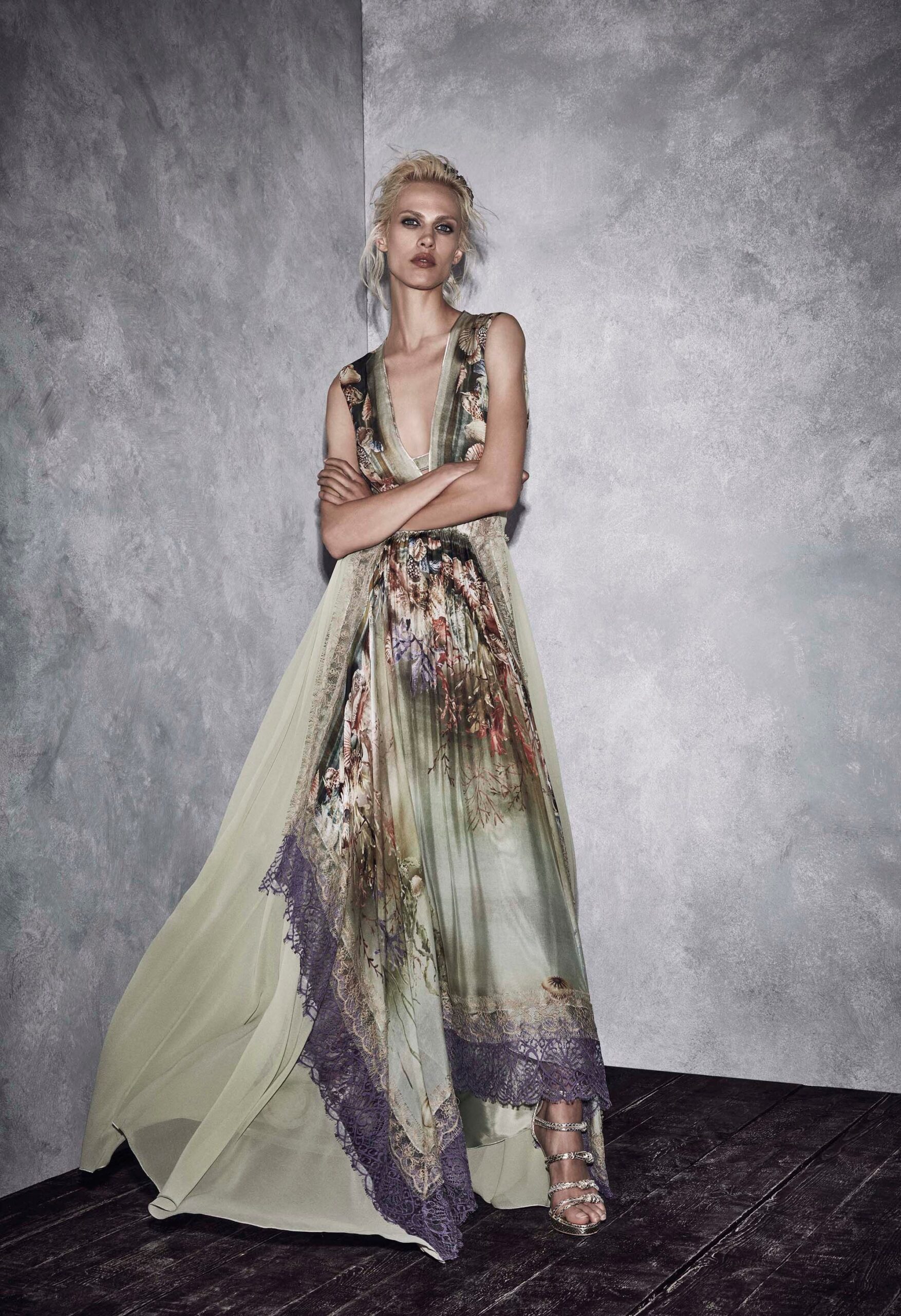 green silk sleeveless gown