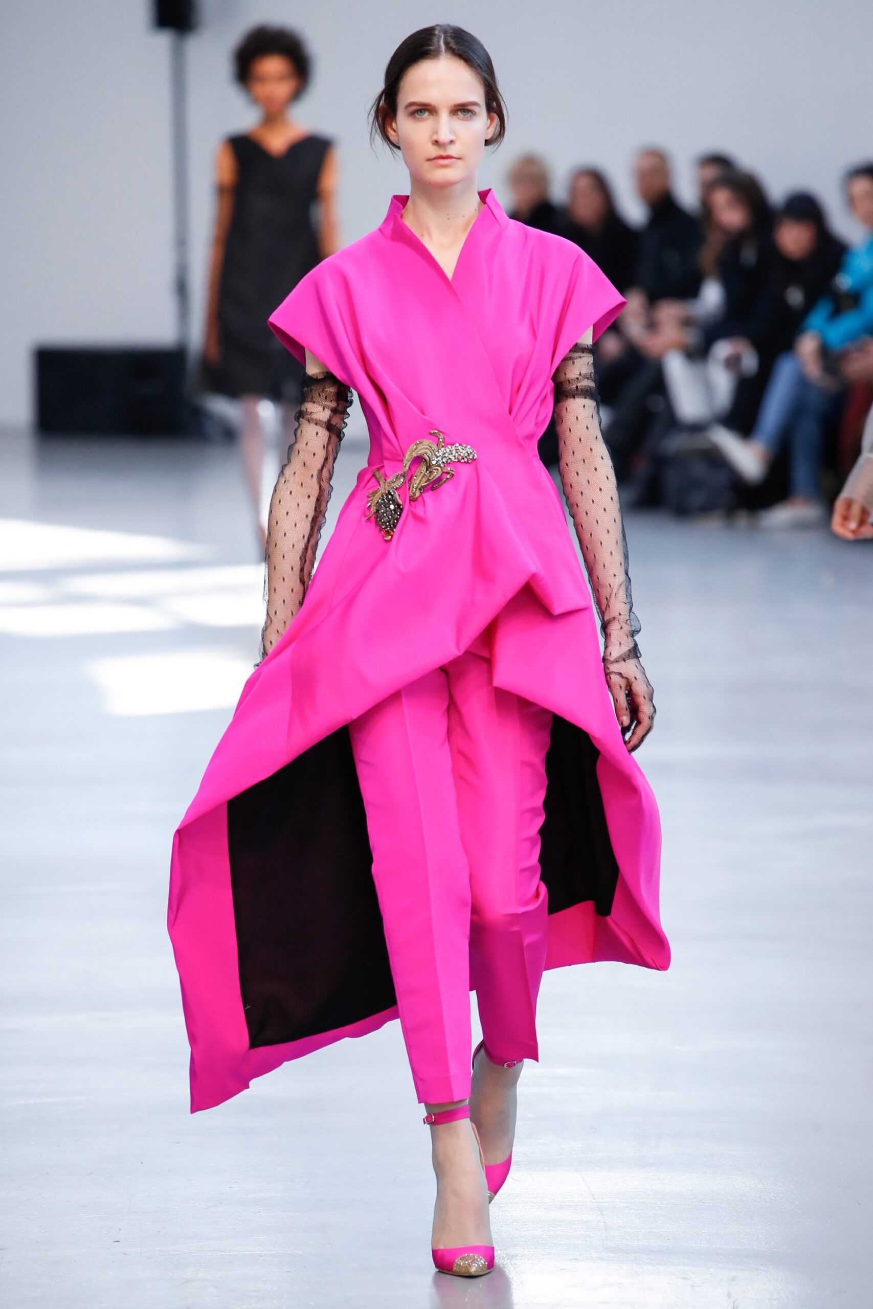 pink cotton long-sleeve collared fitted draped belted jacket
