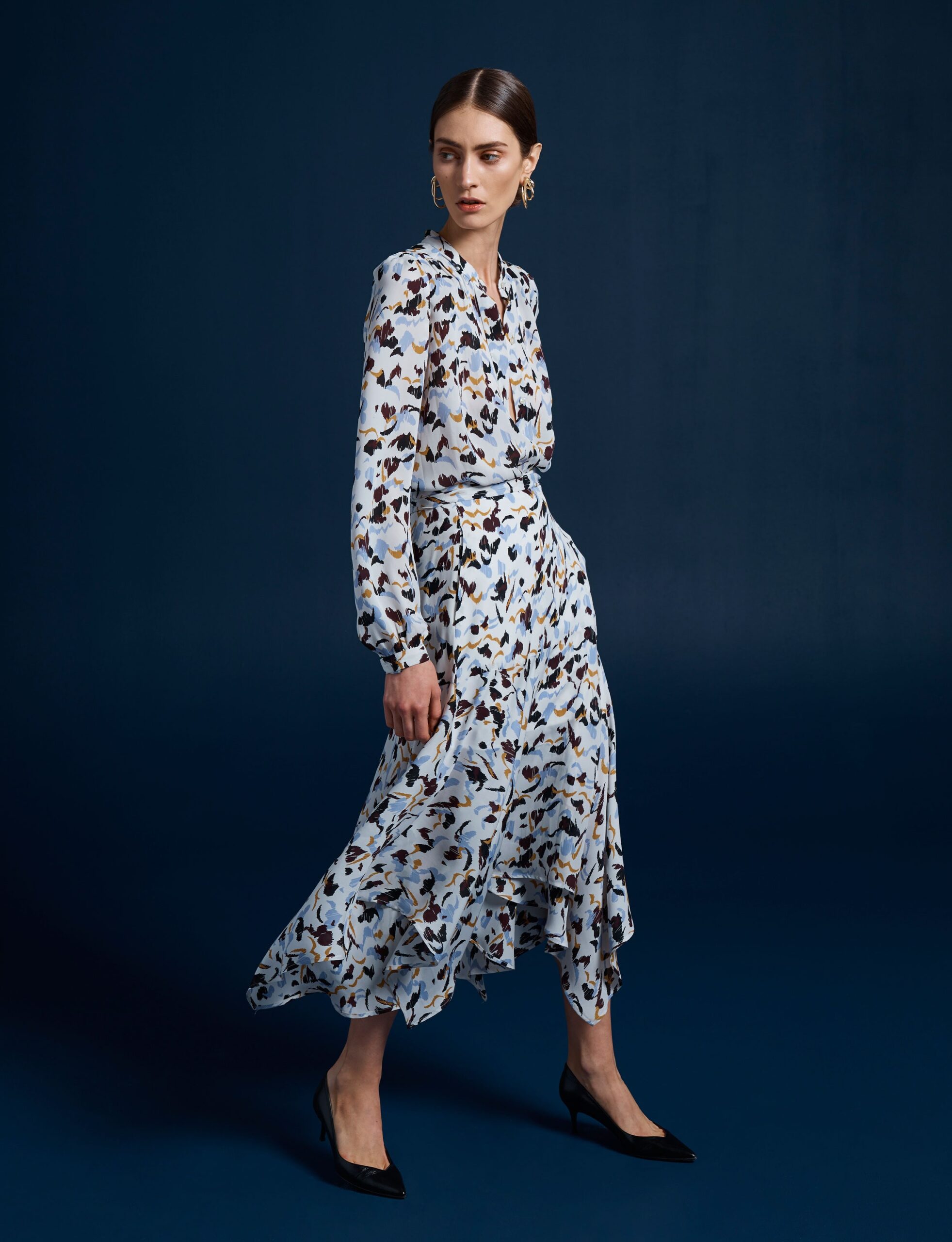 blue printed midi dress