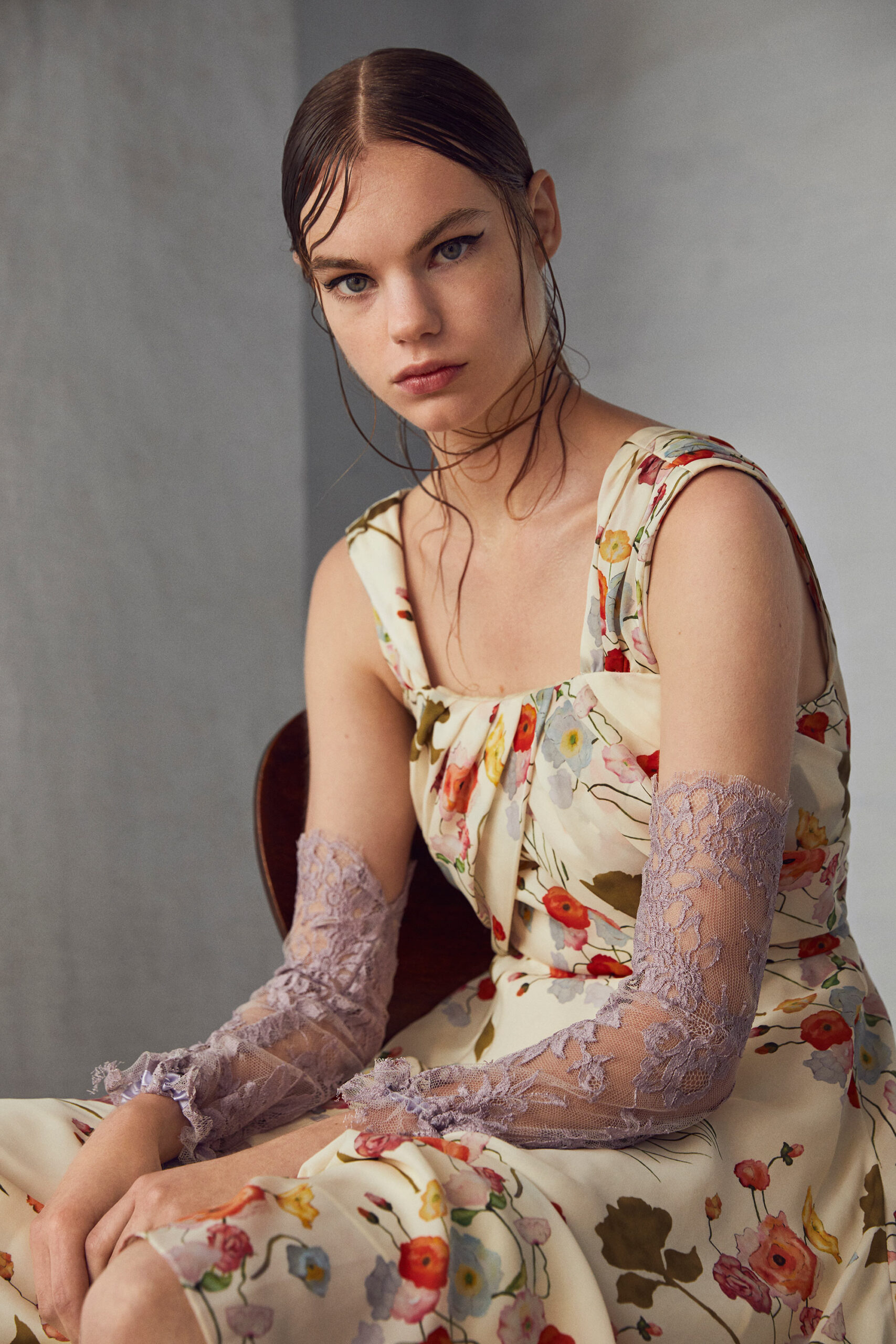ivory floral midi dress with lavender lace gloves