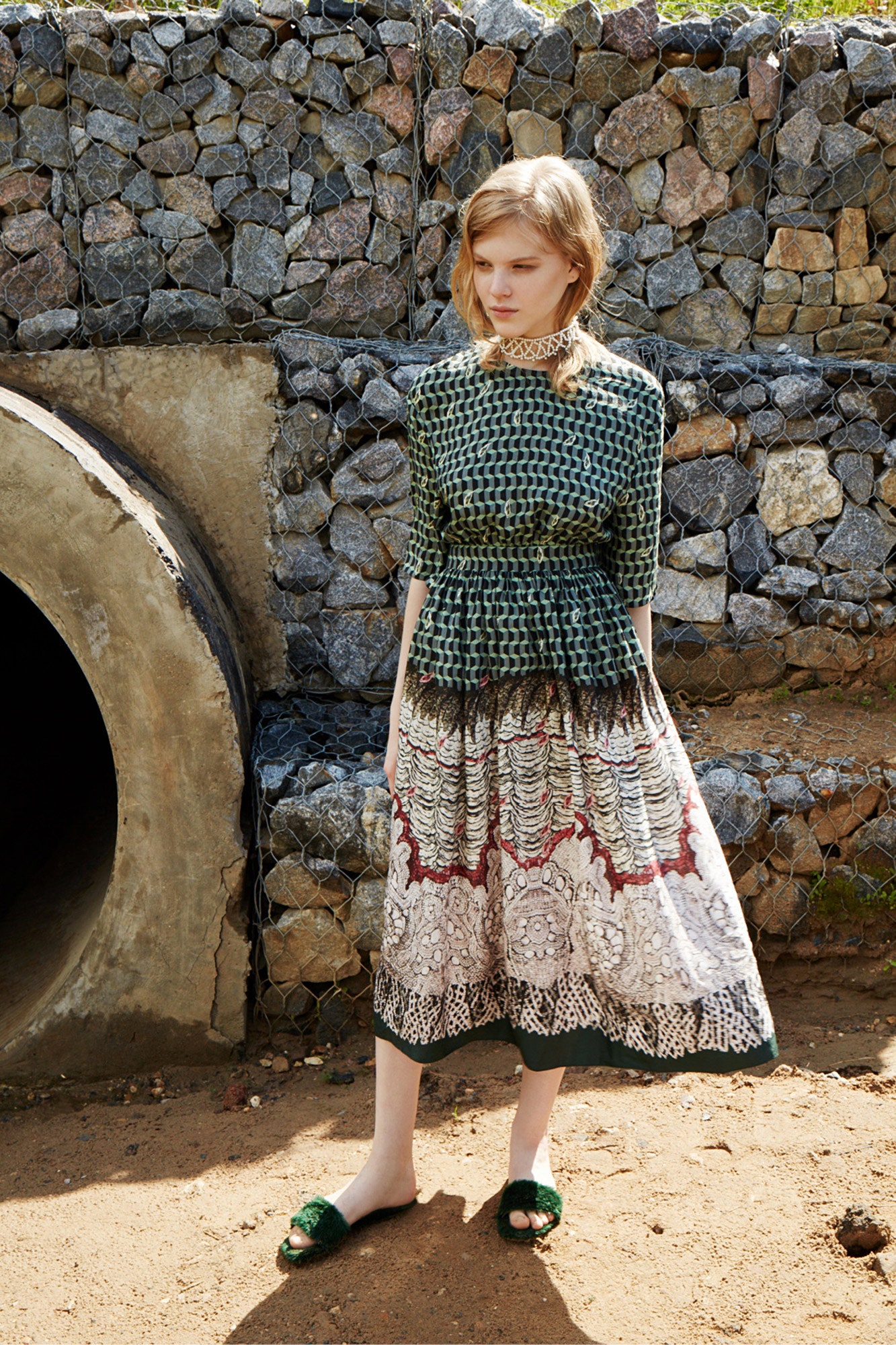 green silk pleated midi dress