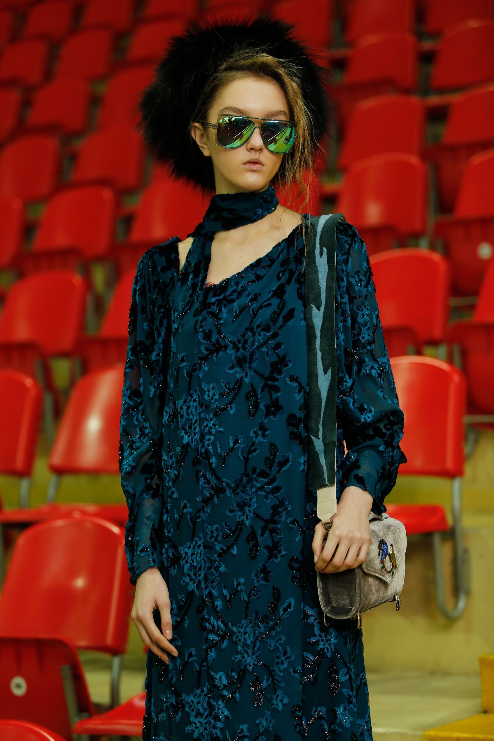 blue floral midi dress with scarf
