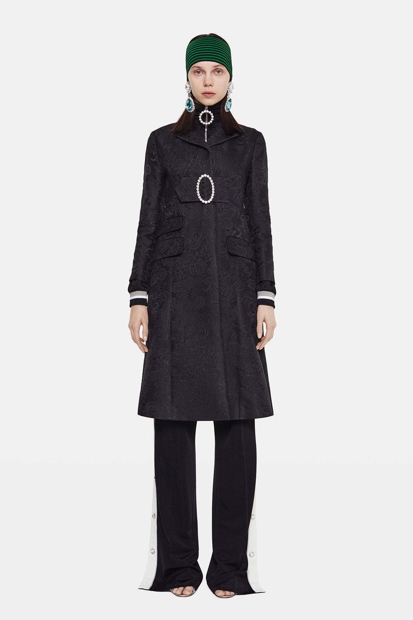 black silk long-sleeve collared fitted buttoned pockets coat