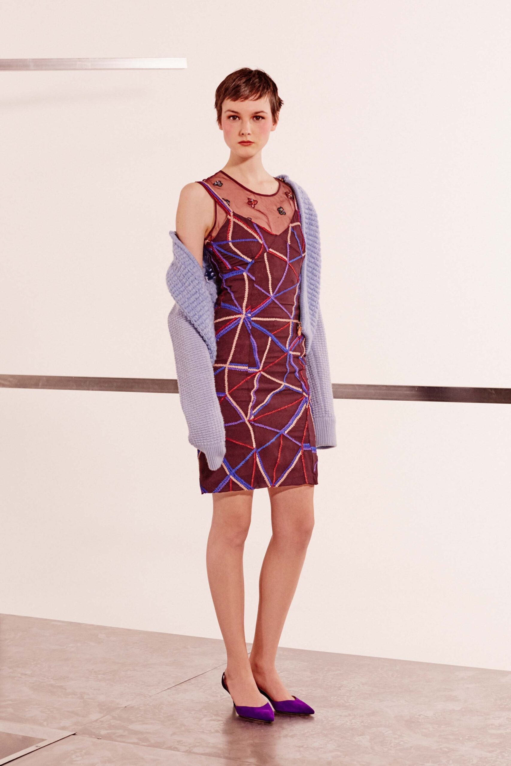brown silk sleeveless v-neck fitted embroidered color-blocked dress
