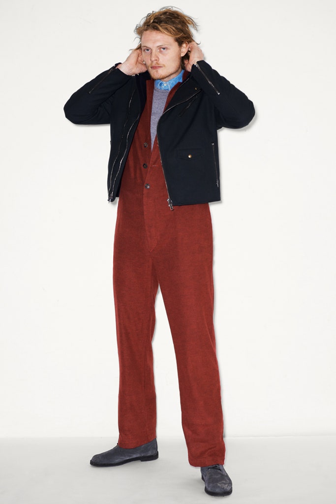 black jacket red jumpsuit blue shirt