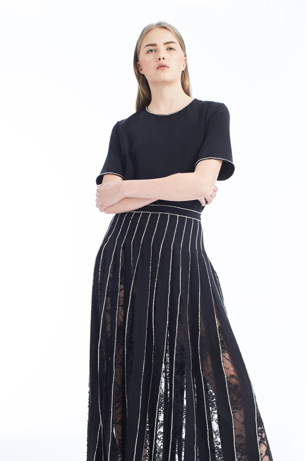 black silk top and lace skirt