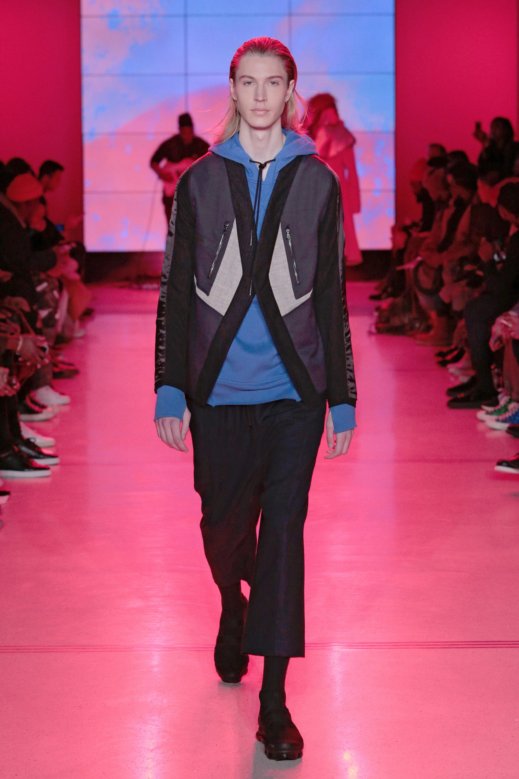 black gray relaxed jacket with blue hoodie