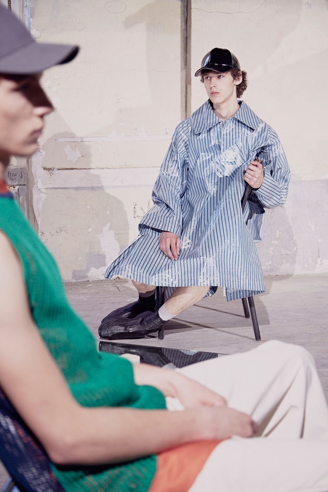 blue cotton long-sleeve collared relaxed striped coat
