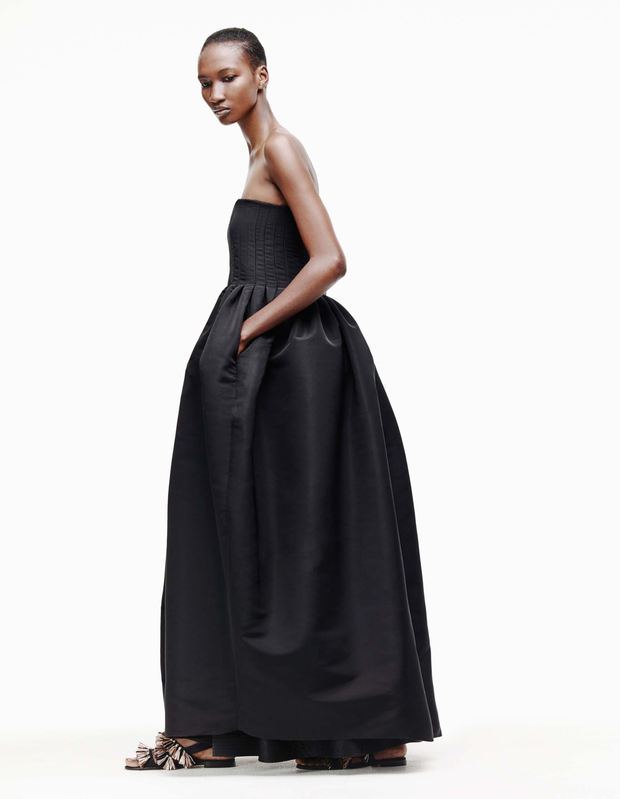 black silk strapless gown