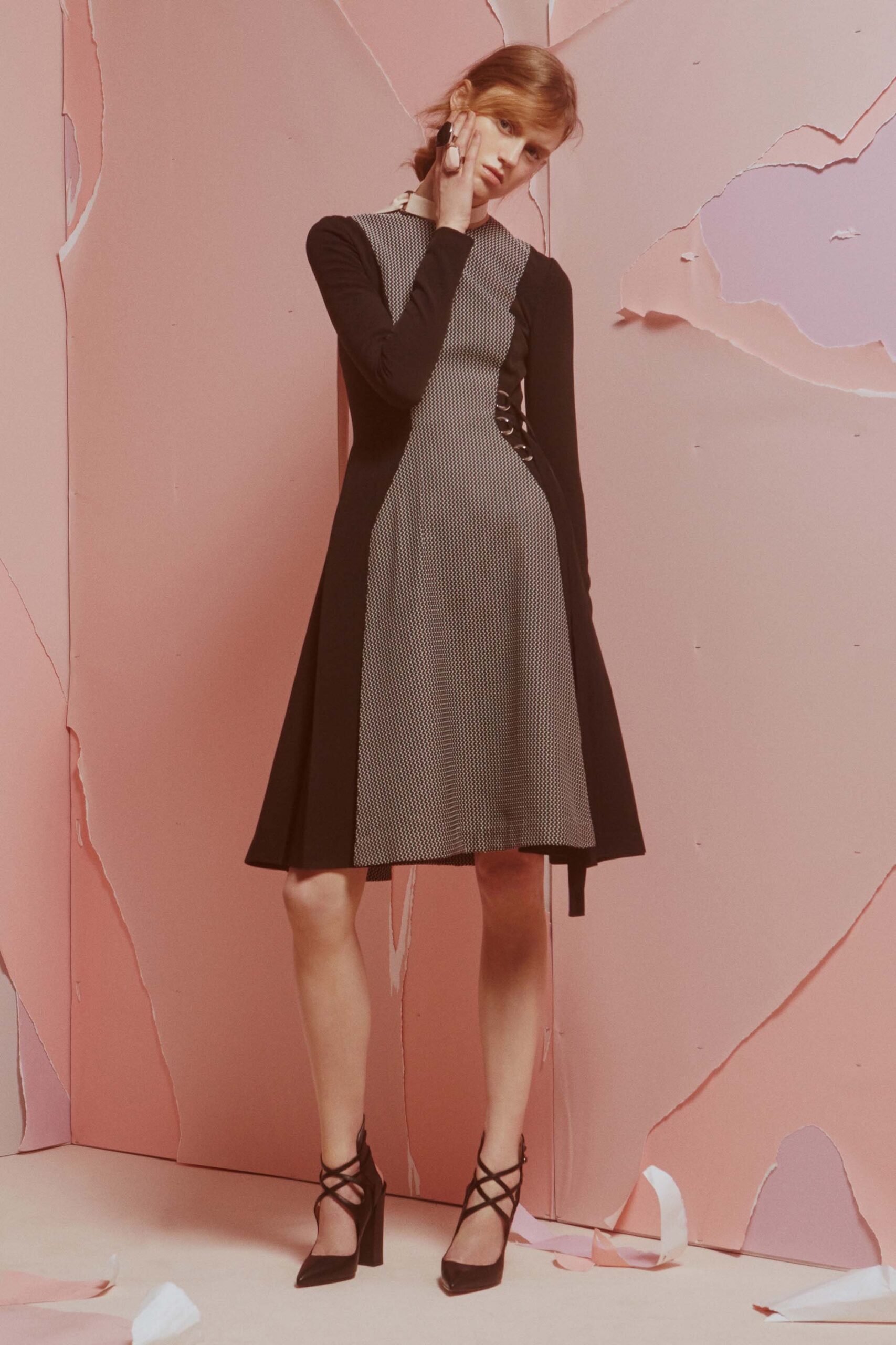 black and white color-blocked midi dress