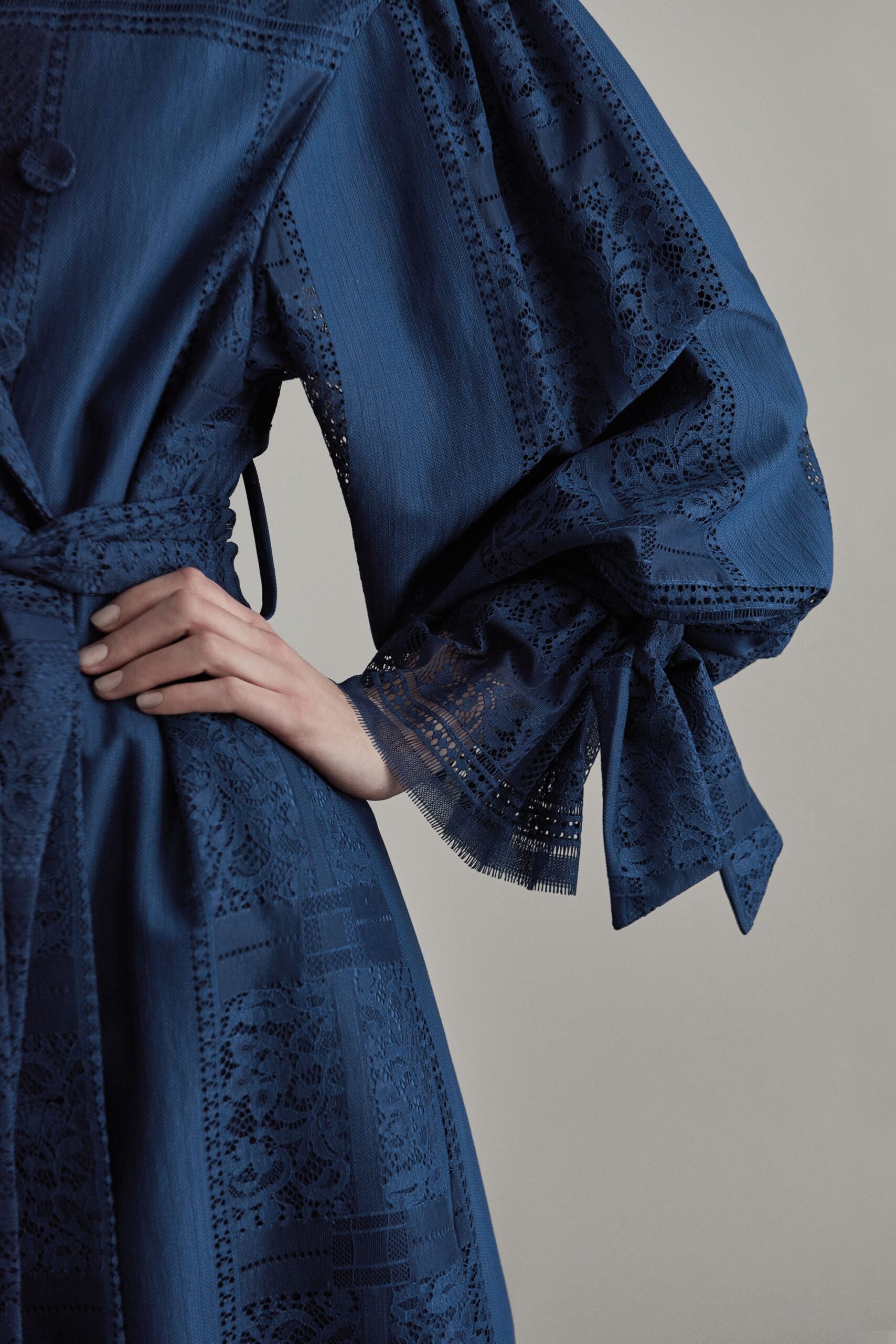 blue embroidered belted dress