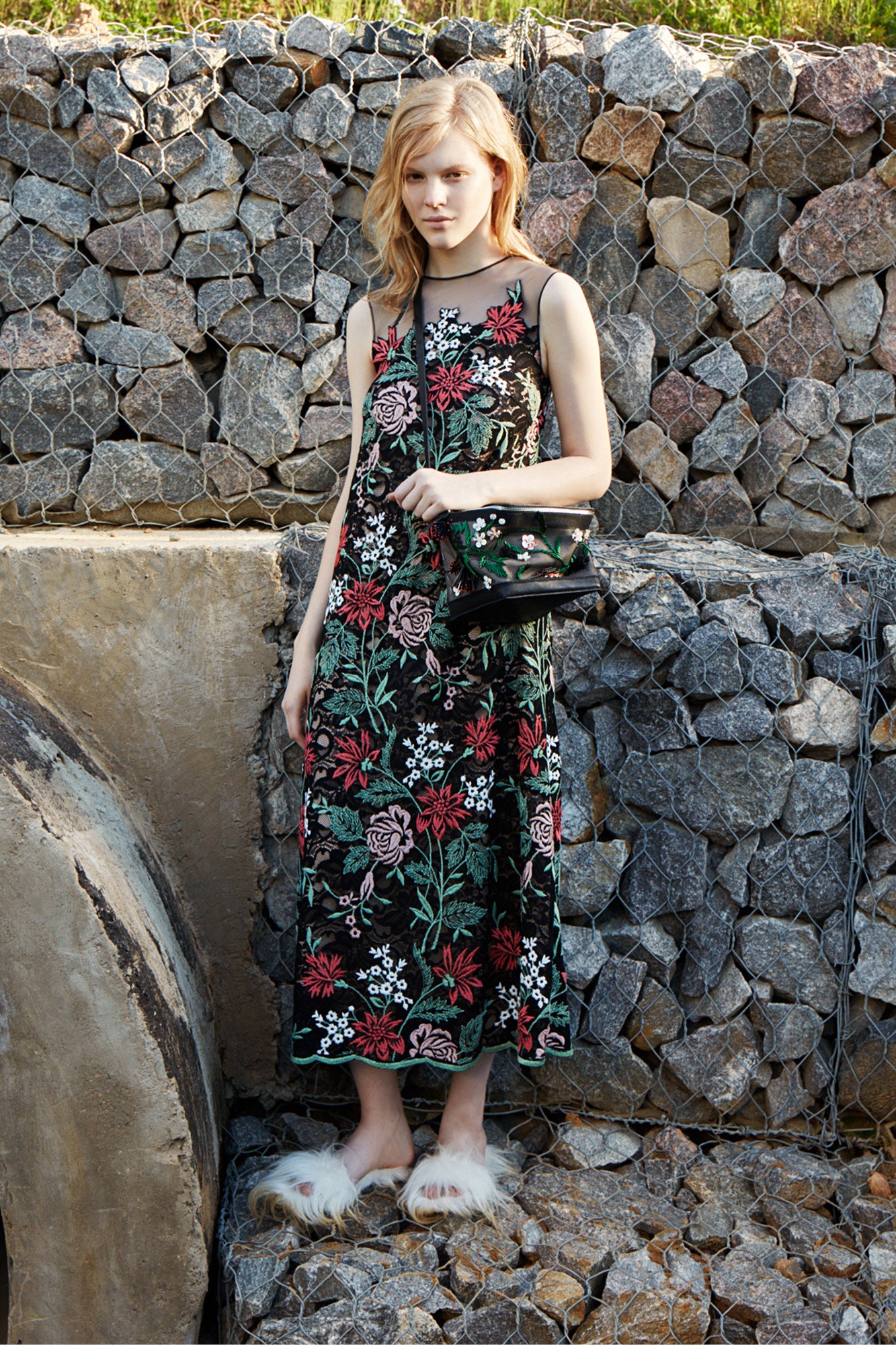 black floral embroidered midi dress