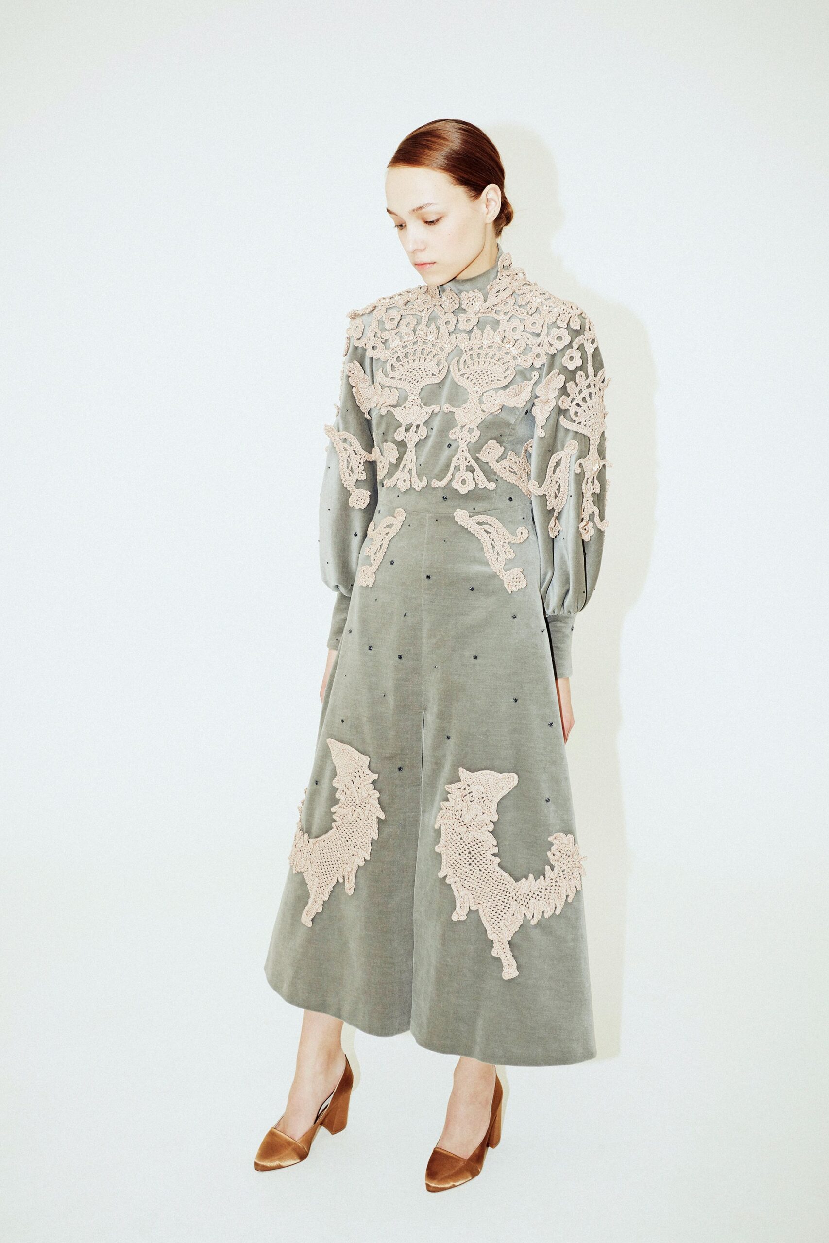 green embroidered midi dress