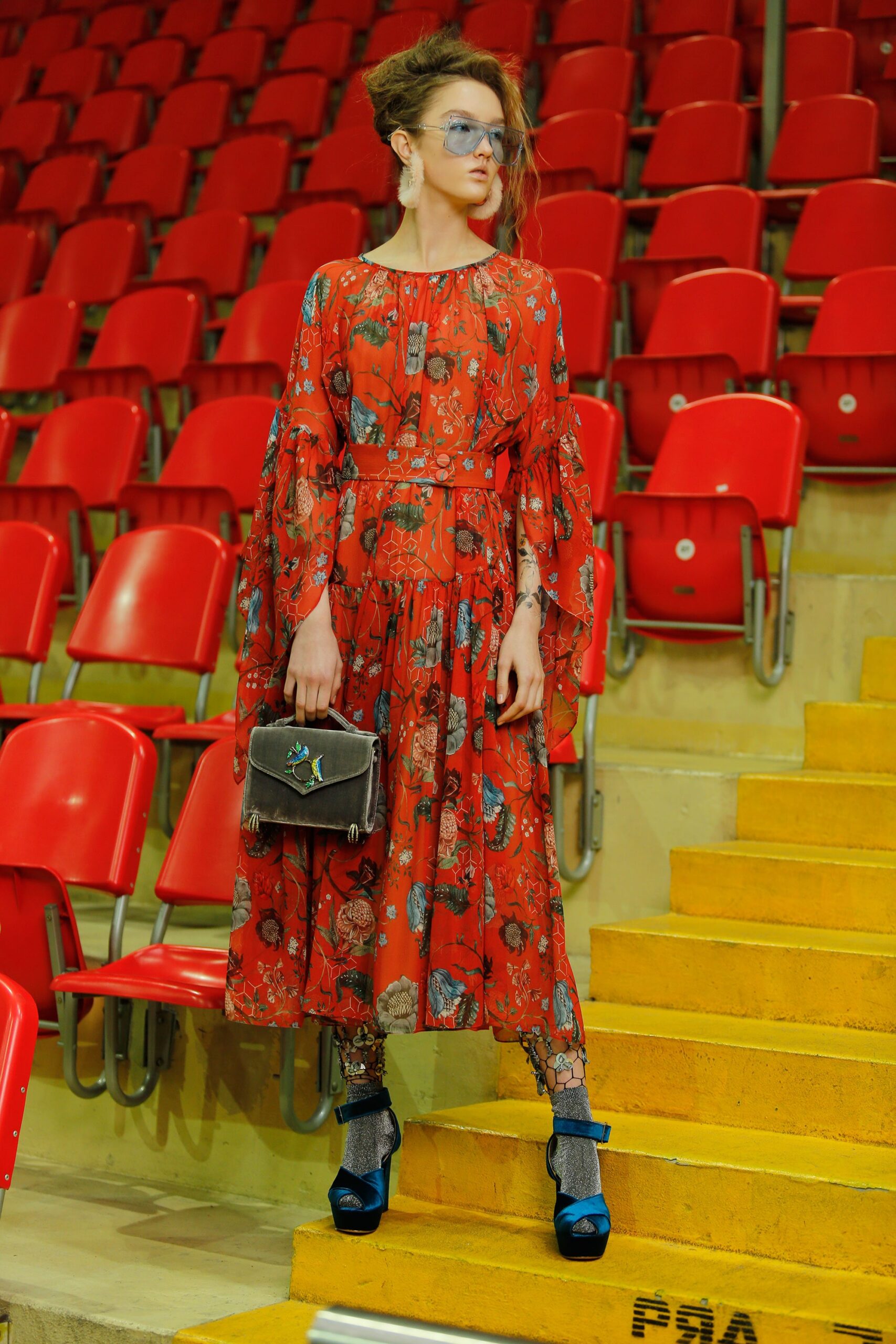red silk long-sleeve collared fitted flared printed dress