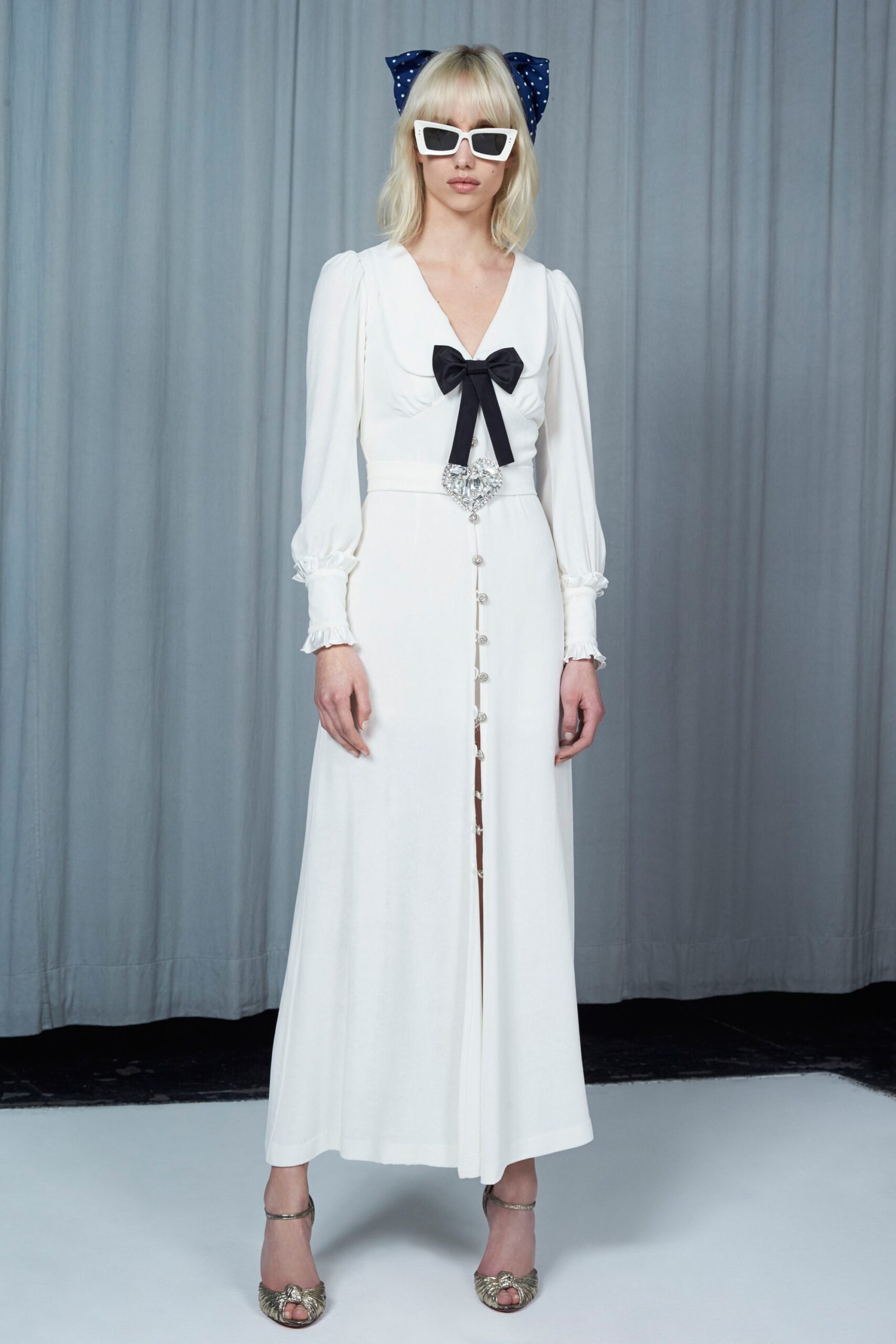 white silk long-sleeve dress