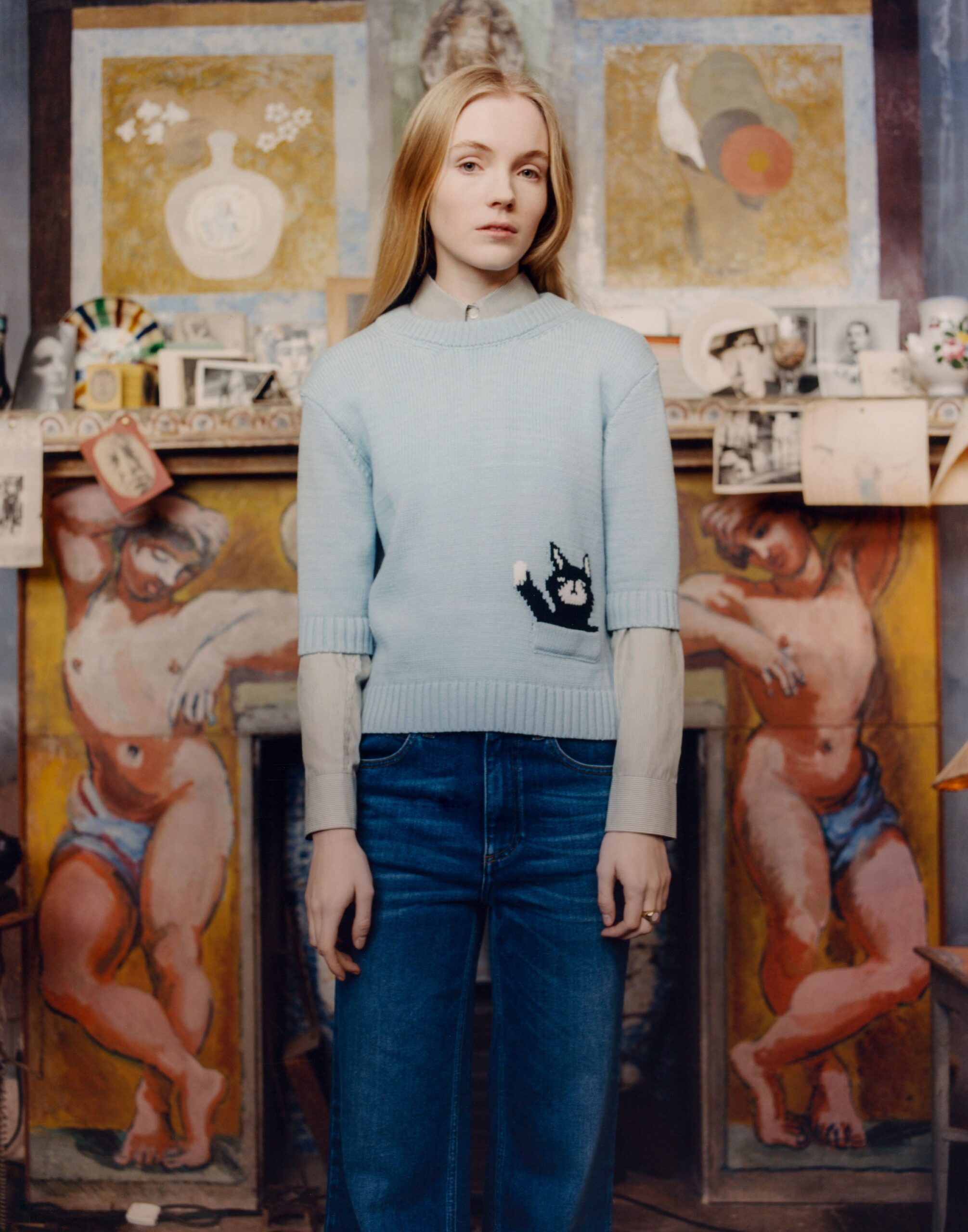 blue cotton sweater with embroidery