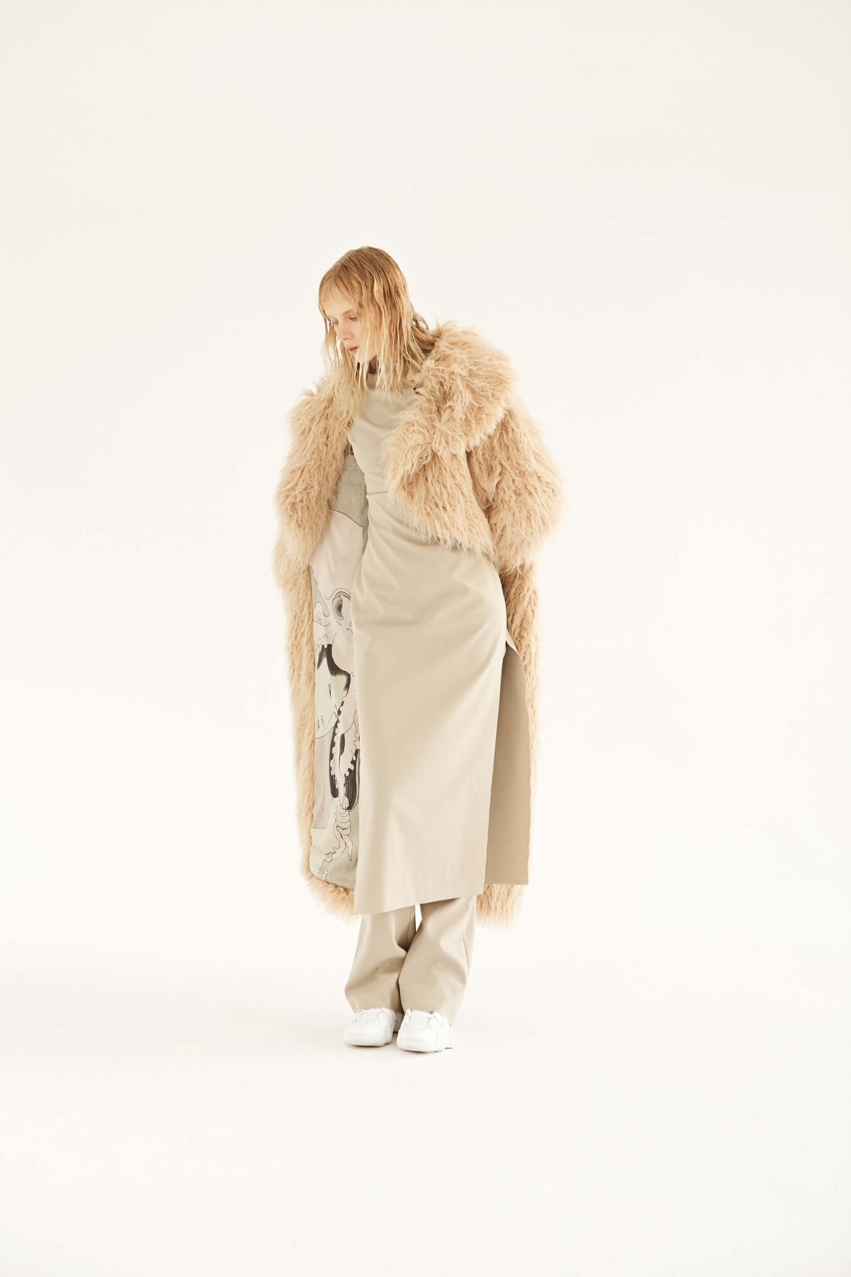 beige faux-fur coat and dress