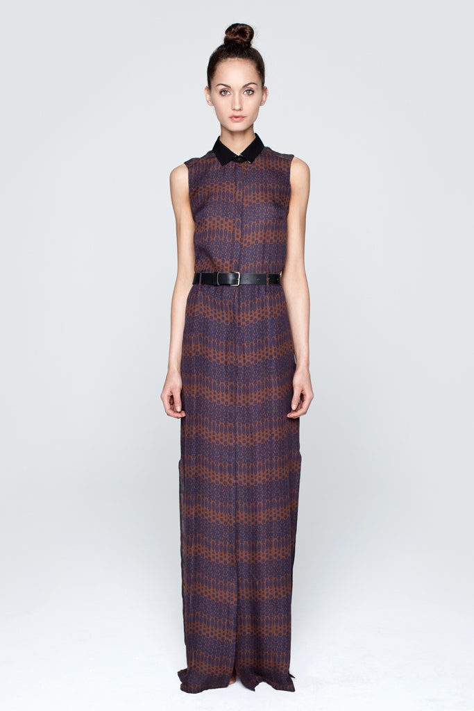 purple and brown printed maxi dress