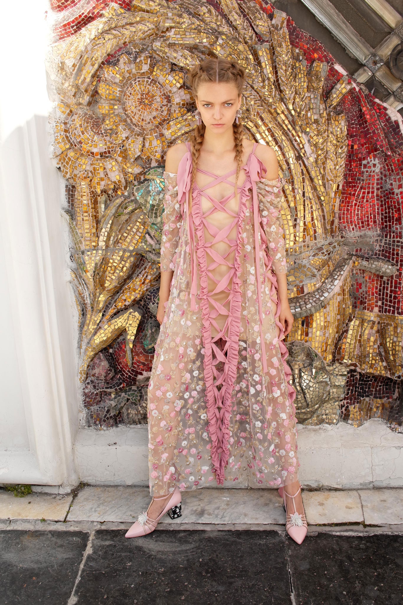 pink sheer embroidered dress