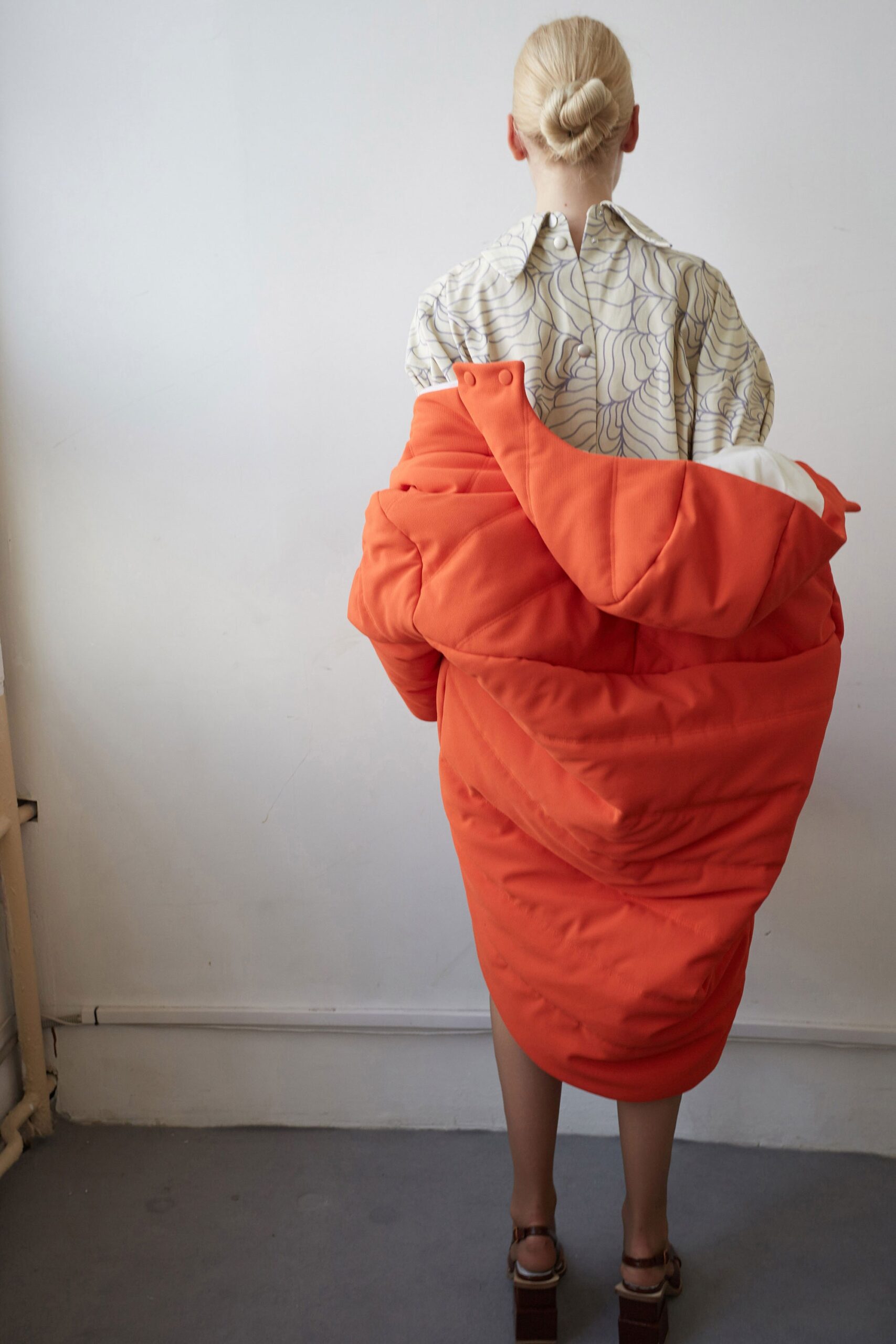 orange cotton long-sleeve relaxed padded short coat