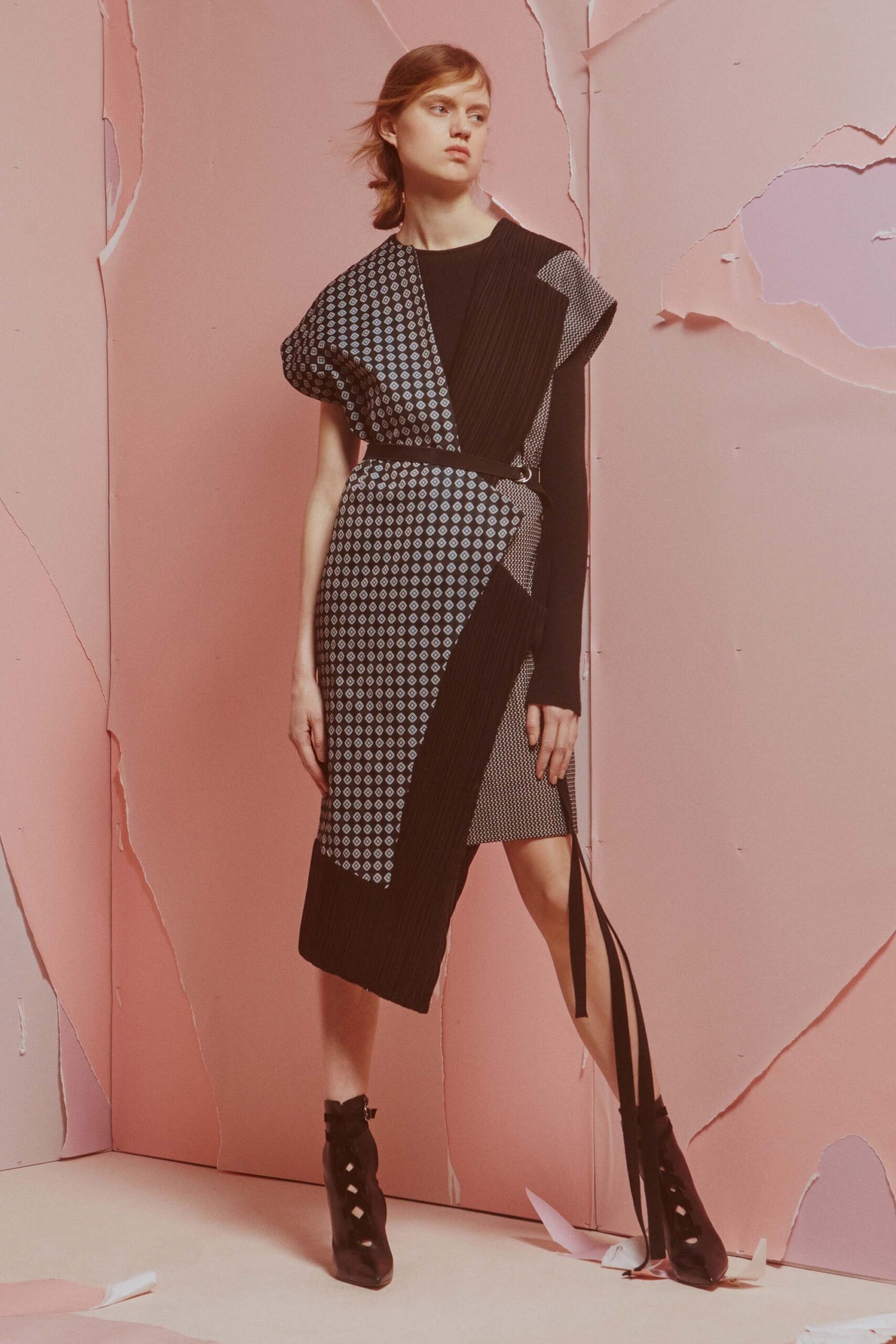 black and white pleated midi dress