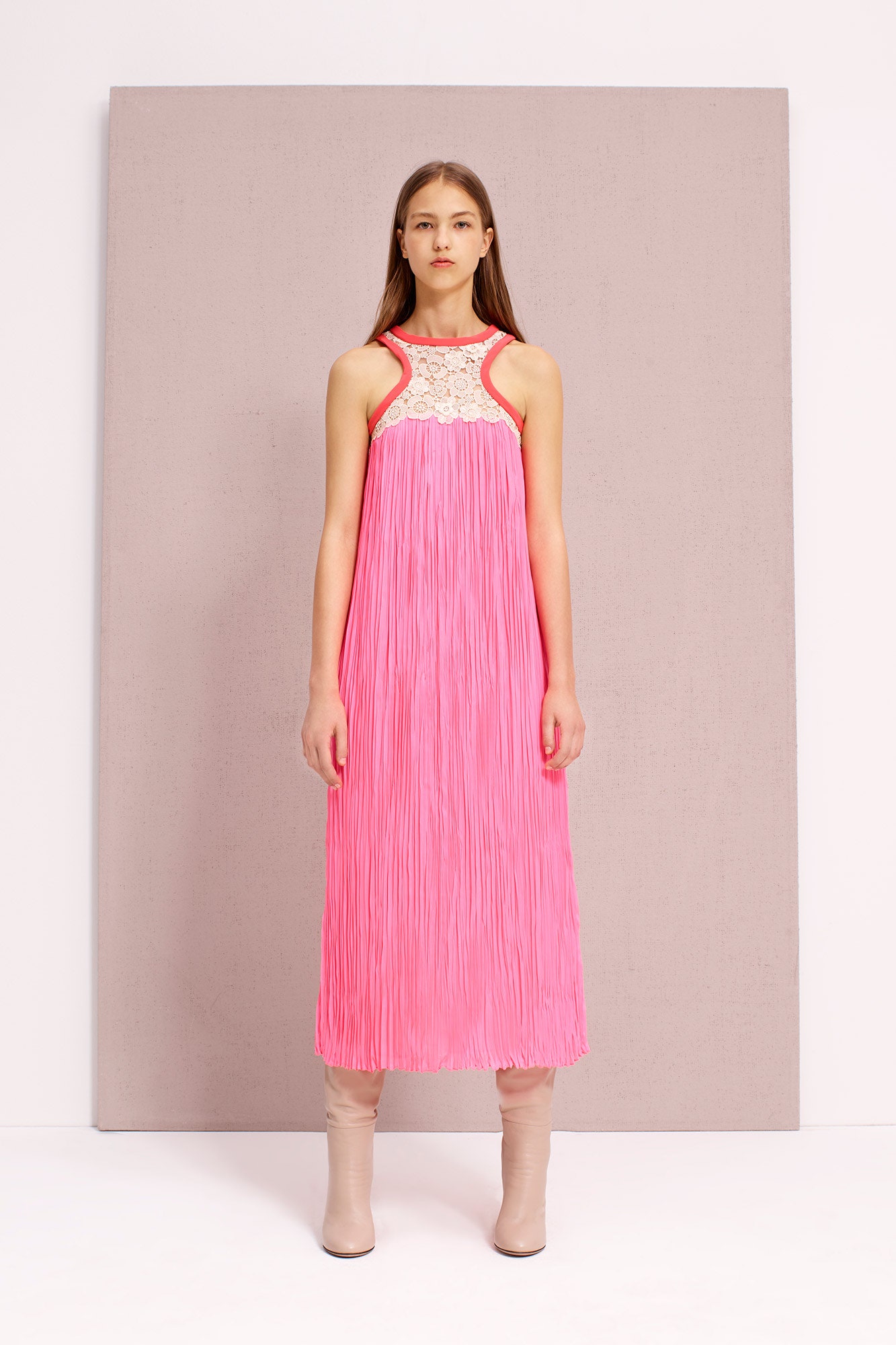 pink pleated midi dress