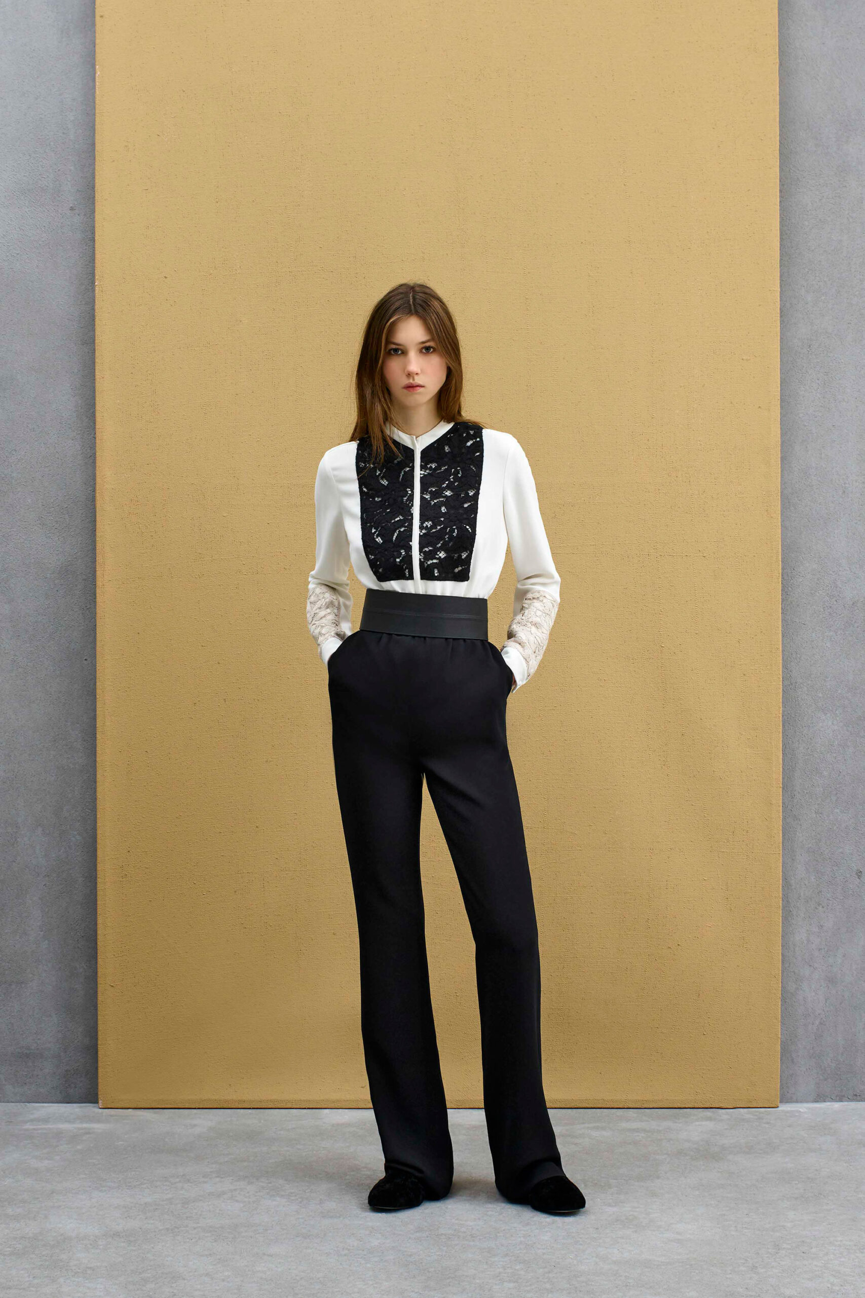 white silk long-sleeve collared fitted buttoned blouse