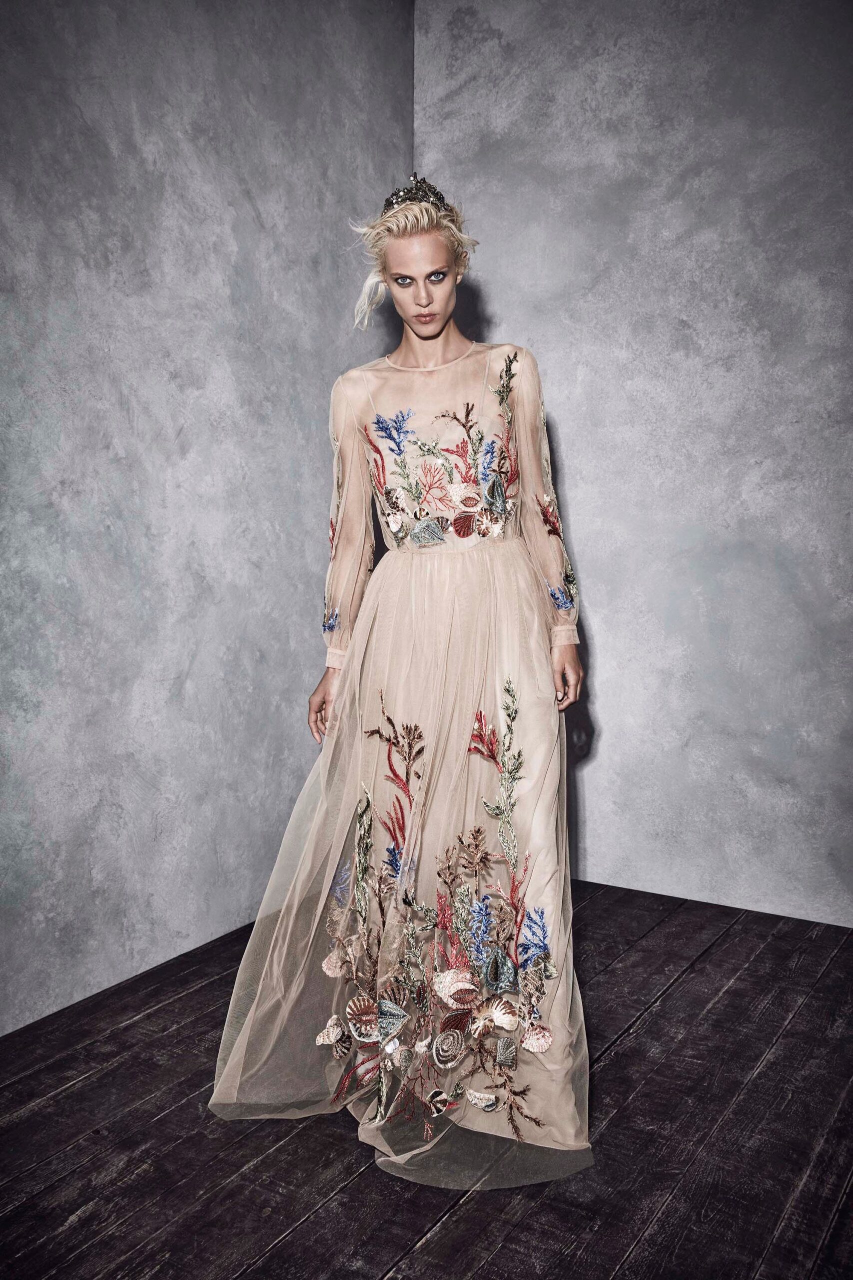 beige embroidered flowing gown